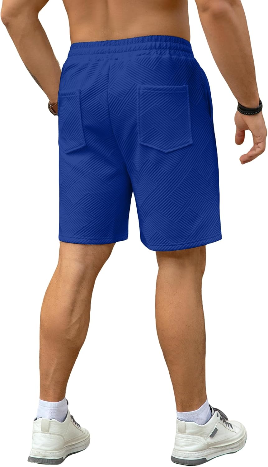 UOUA Men's Casual 7" Shorts Drawstring Elastic Waist Texture Summer Beach Sweat Shorts with Pockets