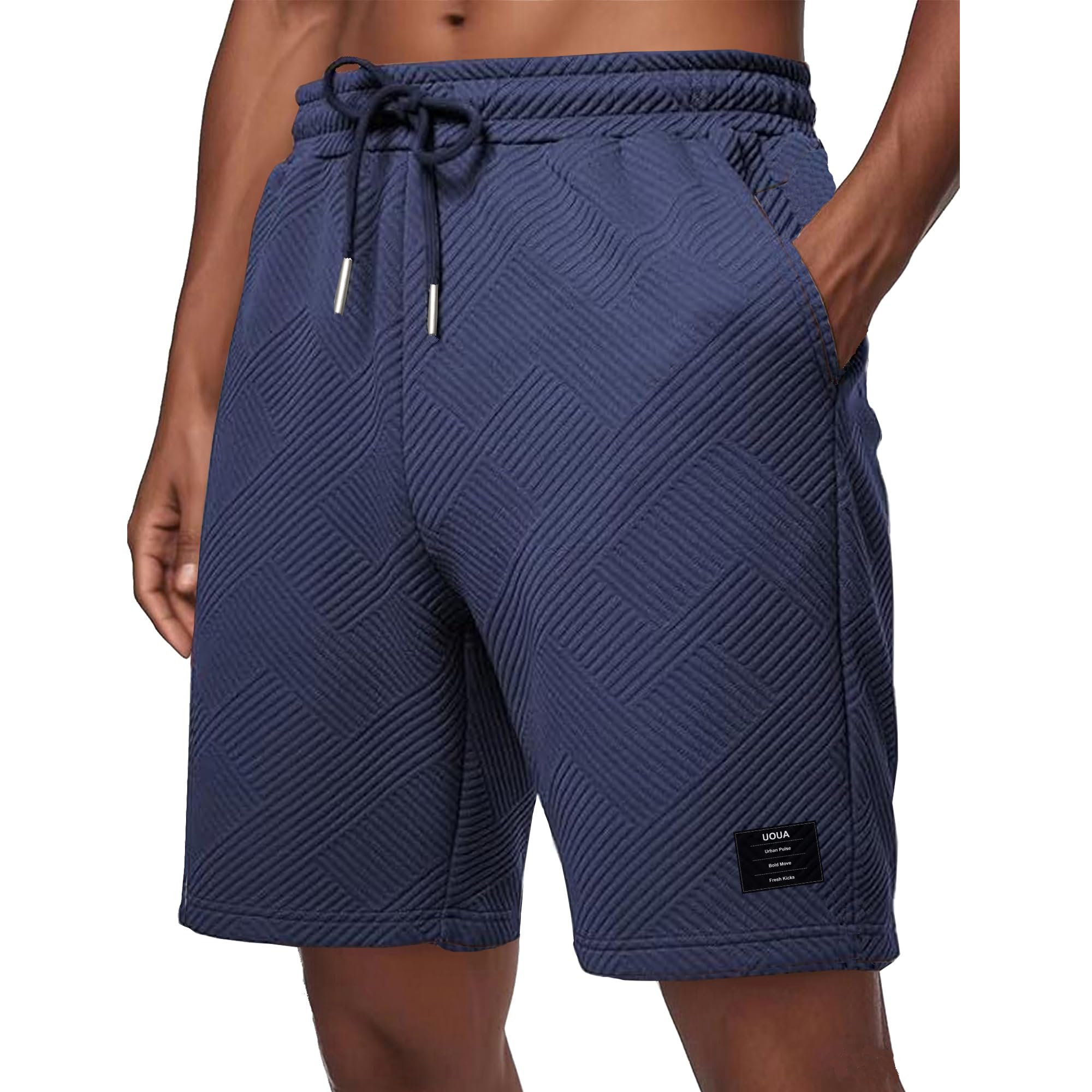 UOUA Men's Casual 7" Shorts Drawstring Elastic Waist Texture Summer Beach Sweat Shorts with Pockets