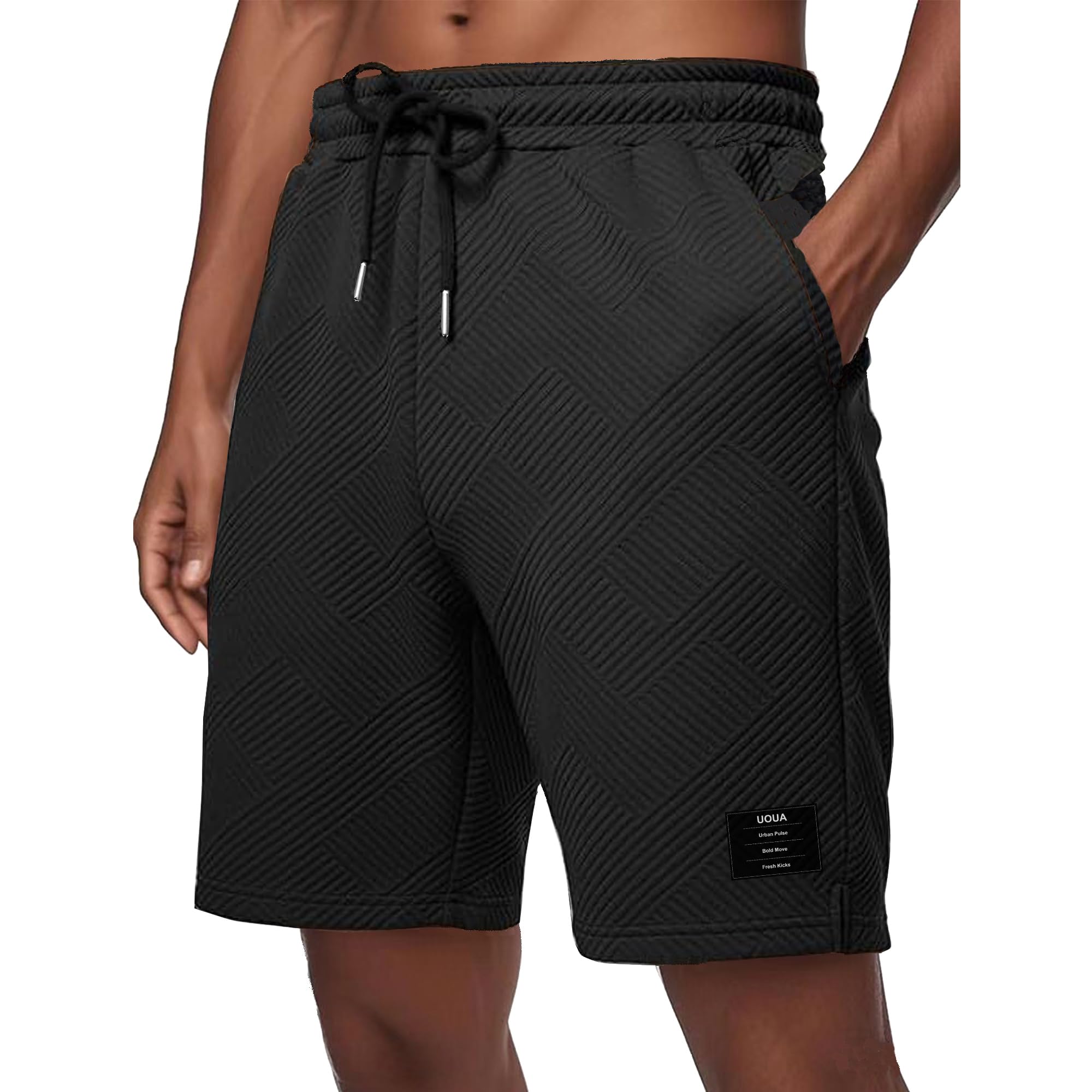 UOUA Men's Casual 7" Shorts Drawstring Elastic Waist Texture Summer Beach Sweat Shorts with Pockets