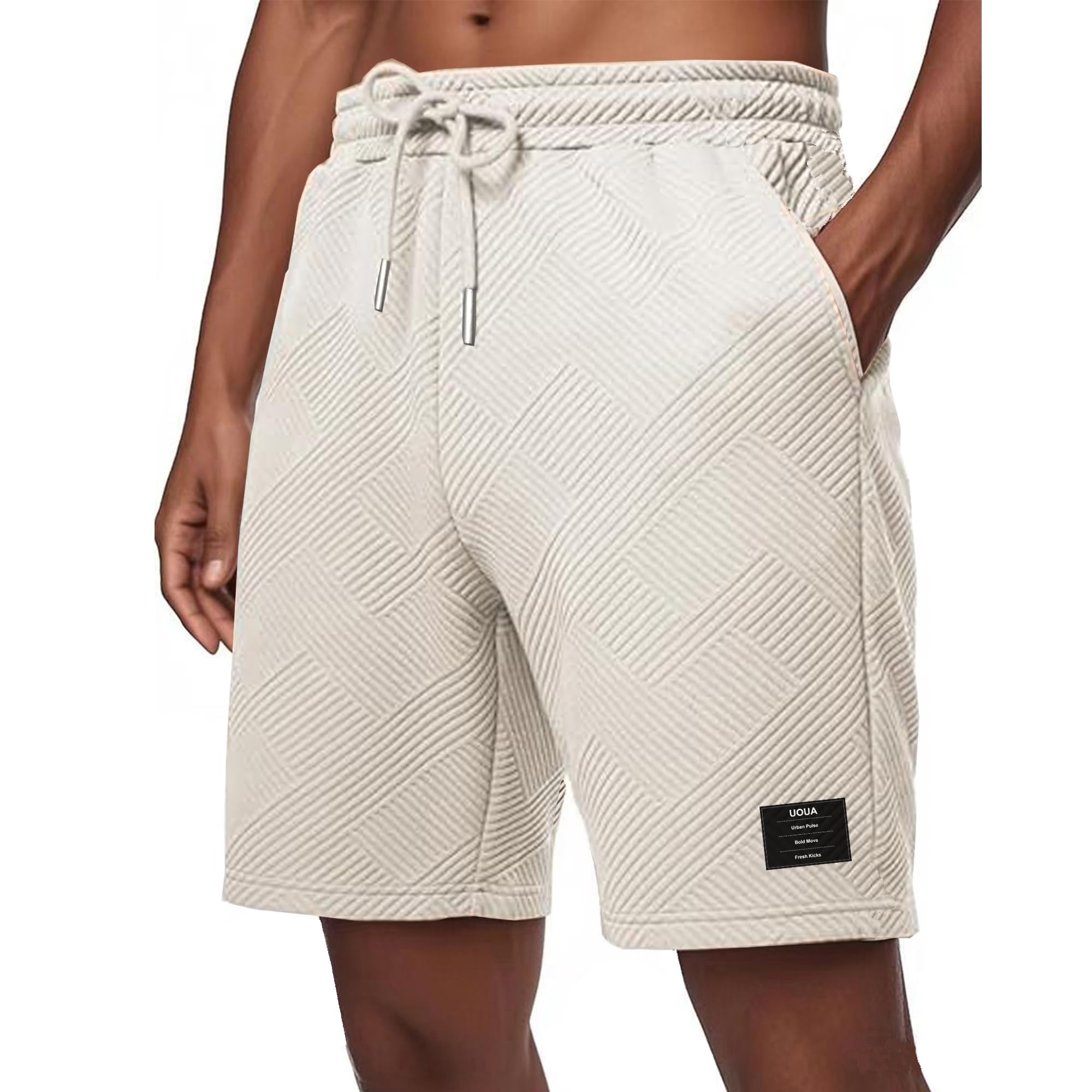 UOUA Men's Casual 7" Shorts Drawstring Elastic Waist Texture Summer Beach Sweat Shorts with Pockets