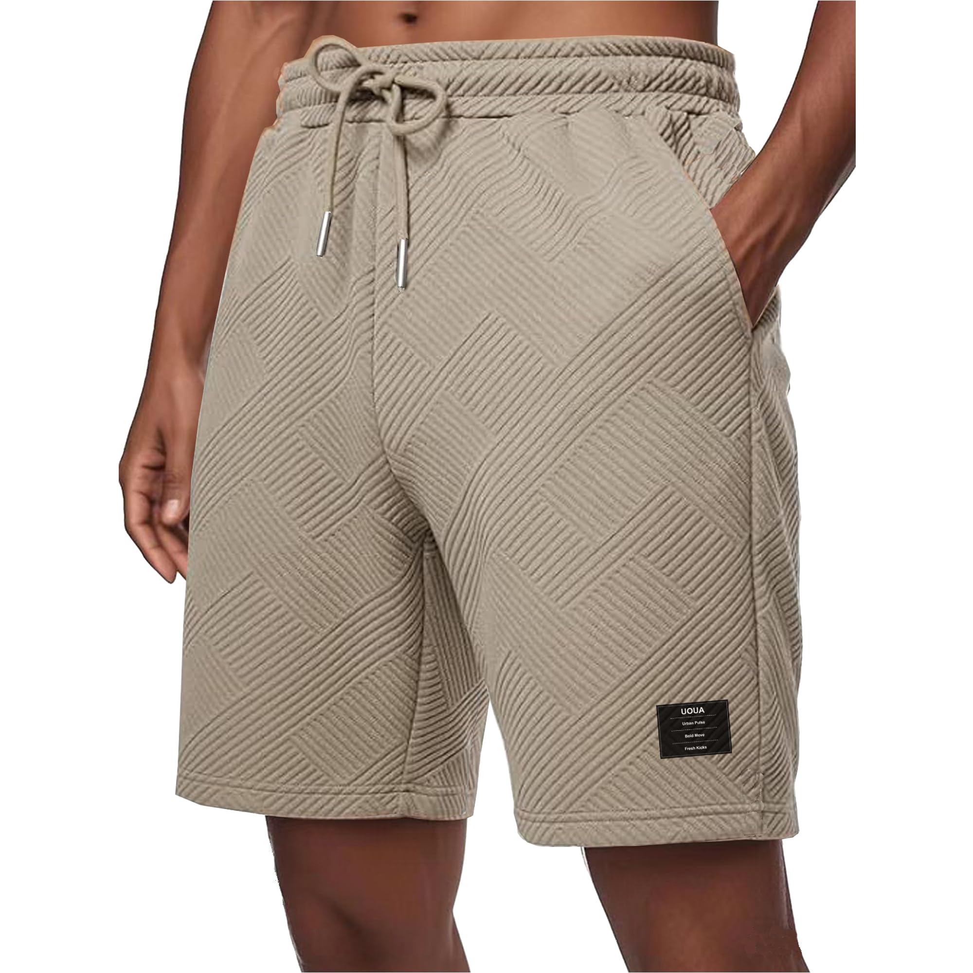UOUA Men's Casual 7" Shorts Drawstring Elastic Waist Texture Summer Beach Sweat Shorts with Pockets