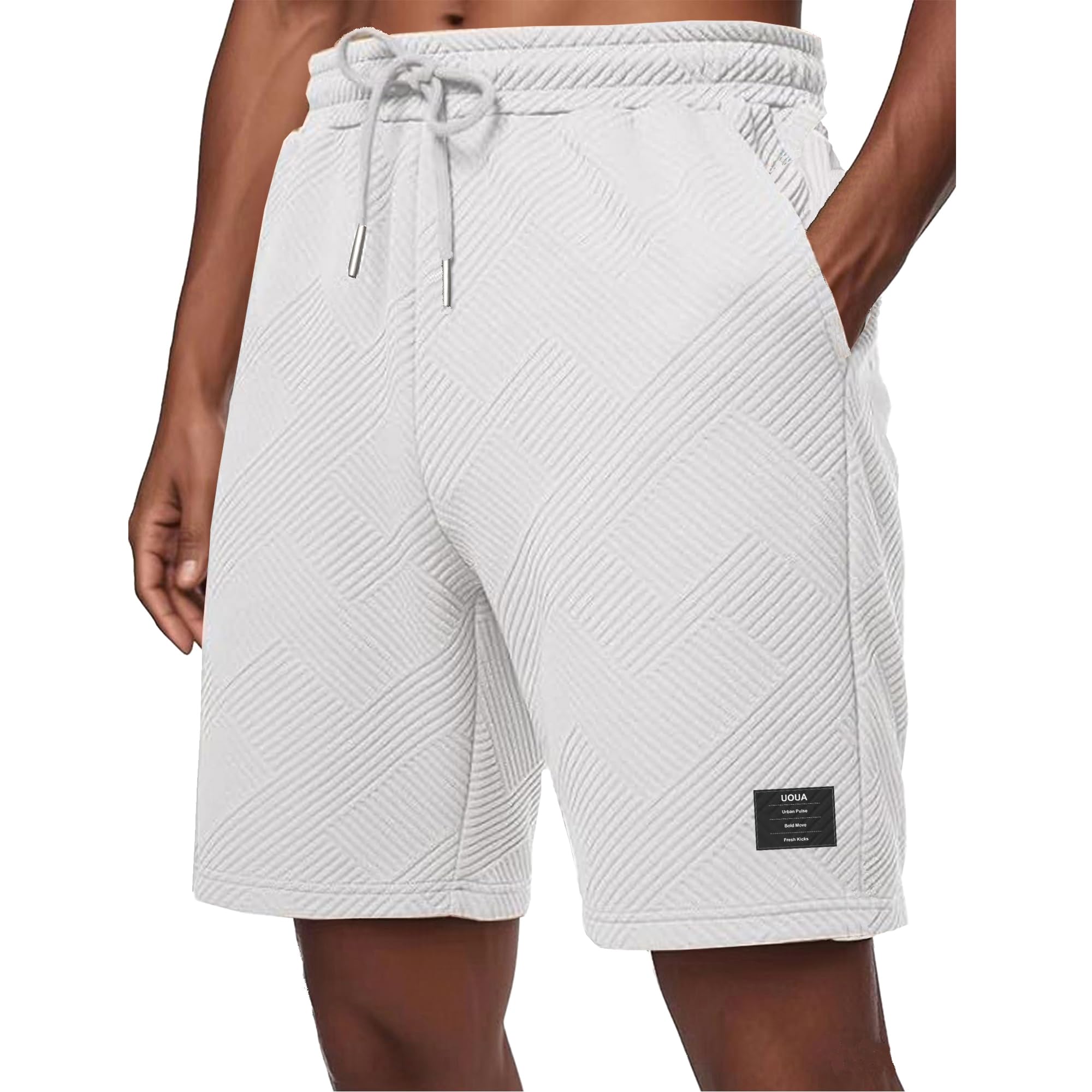 UOUA Men's Casual 7" Shorts Drawstring Elastic Waist Texture Summer Beach Sweat Shorts with Pockets