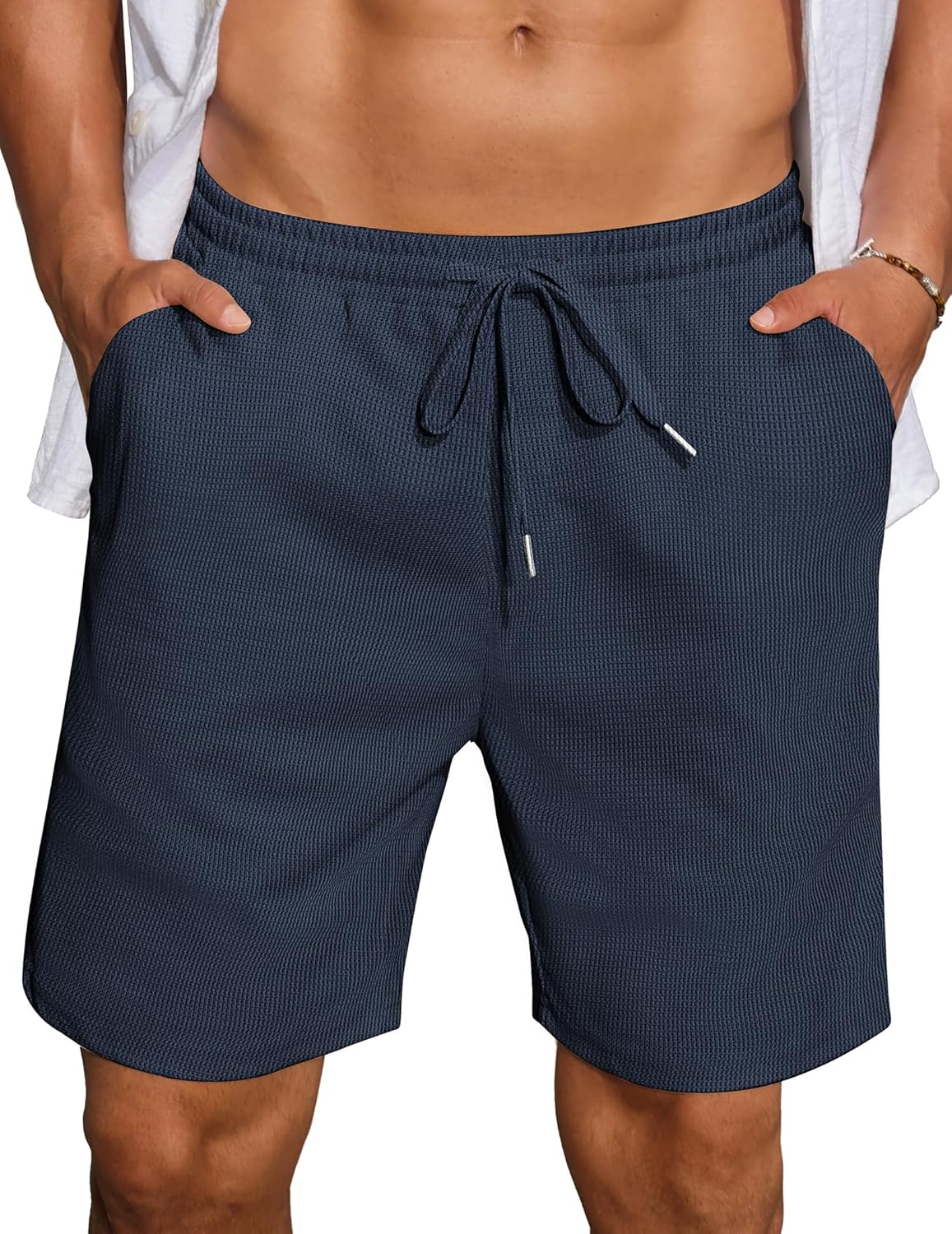 COOFANDY Mens Casual Waffle Shorts Elastic Waist Summer Beach Shorts 7" Workout Sweat Shorts
