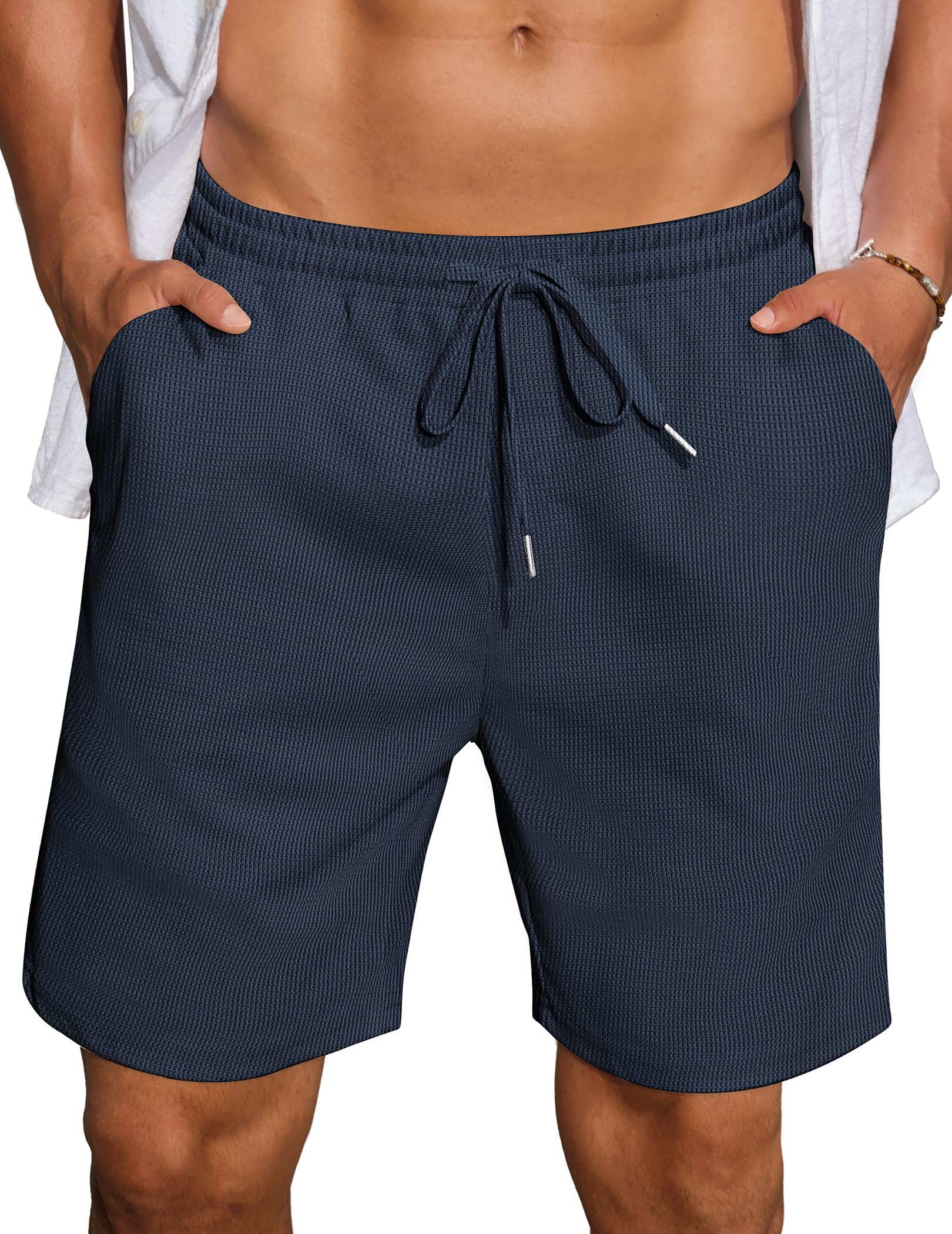 COOFANDY Mens Casual Waffle Shorts Elastic Waist Summer Beach Shorts 7" Workout Sweat Shorts