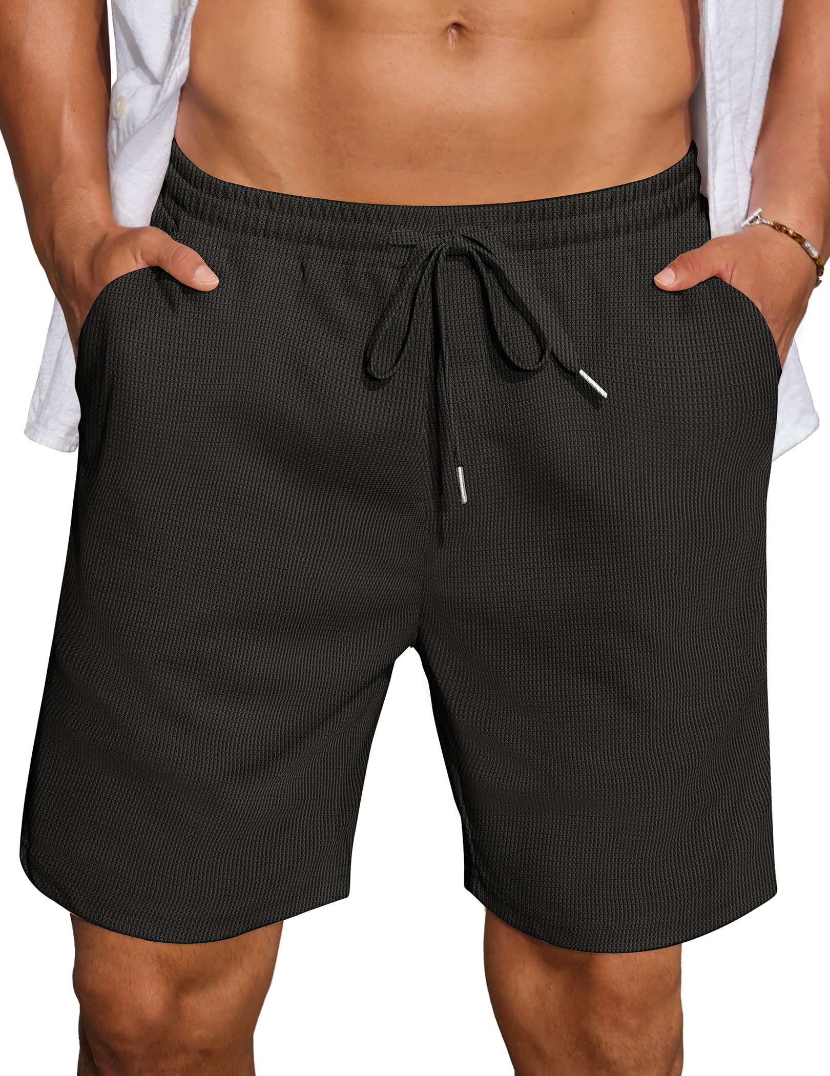 COOFANDY Mens Casual Waffle Shorts Elastic Waist Summer Beach Shorts 7" Workout Sweat Shorts
