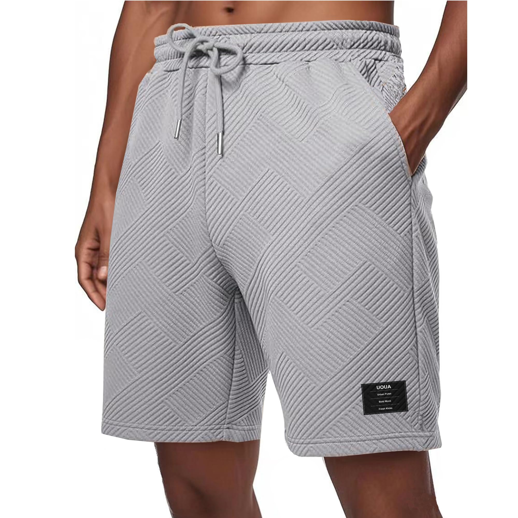 UOUA Men's Casual 7" Shorts Drawstring Elastic Waist Texture Summer Beach Sweat Shorts with Pockets