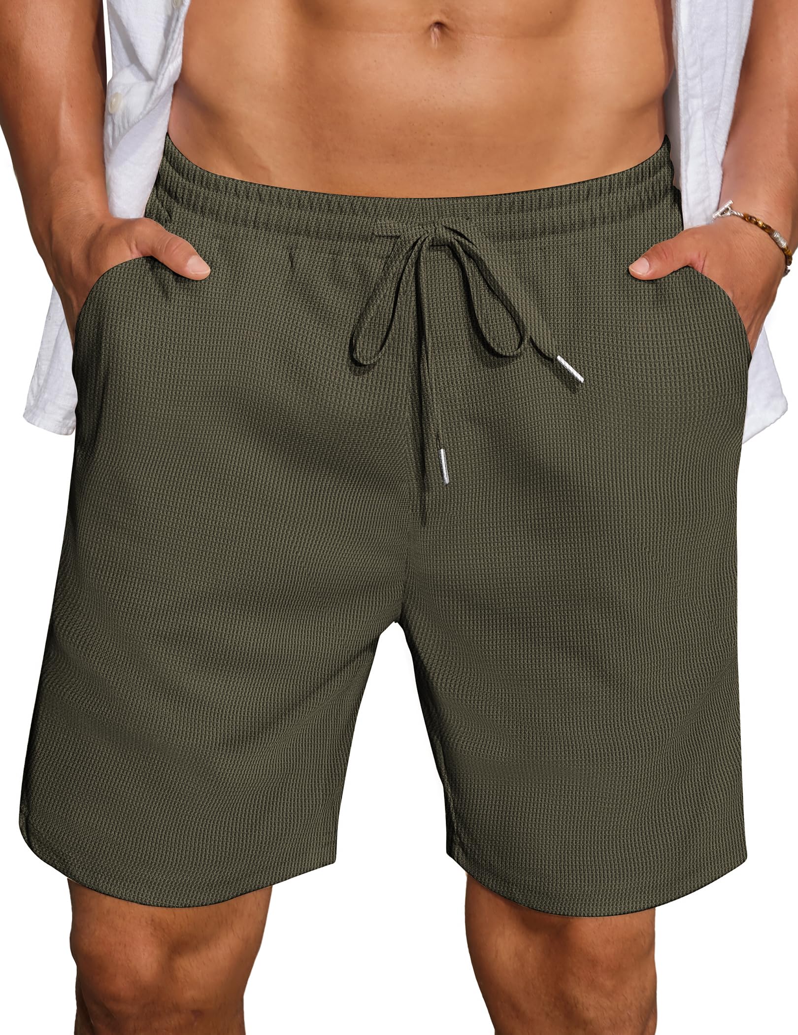COOFANDY Mens Casual Waffle Shorts Elastic Waist Summer Beach Shorts 7" Workout Sweat Shorts