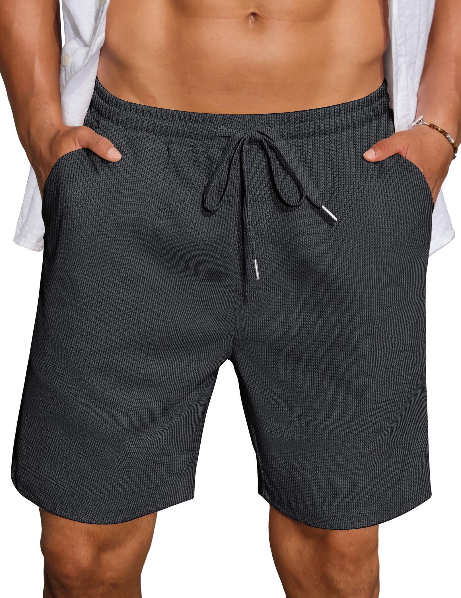 COOFANDY Mens Casual Waffle Shorts Elastic Waist Summer Beach Shorts 7" Workout Sweat Shorts