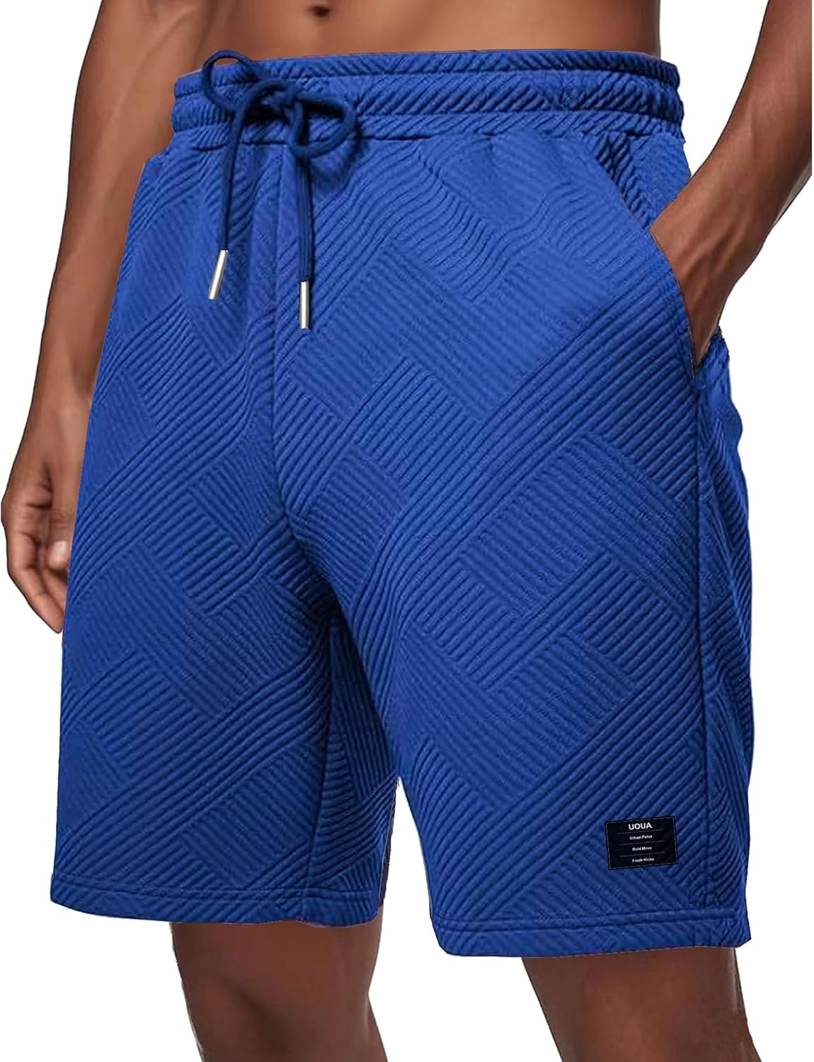 UOUA Men's Casual 7" Shorts Drawstring Elastic Waist Texture Summer Beach Sweat Shorts with Pockets