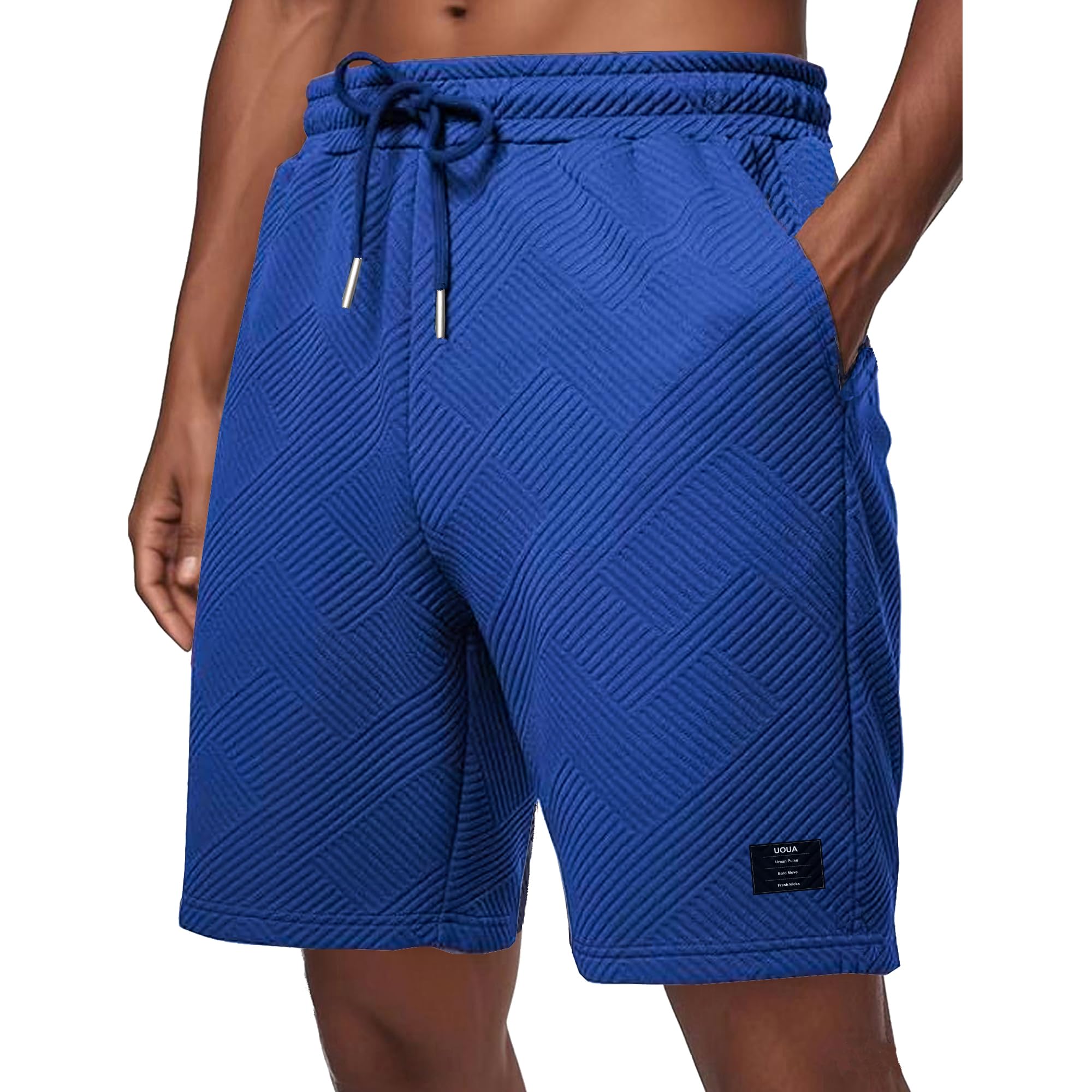 UOUA Men's Casual 7" Shorts Drawstring Elastic Waist Texture Summer Beach Sweat Shorts with Pockets