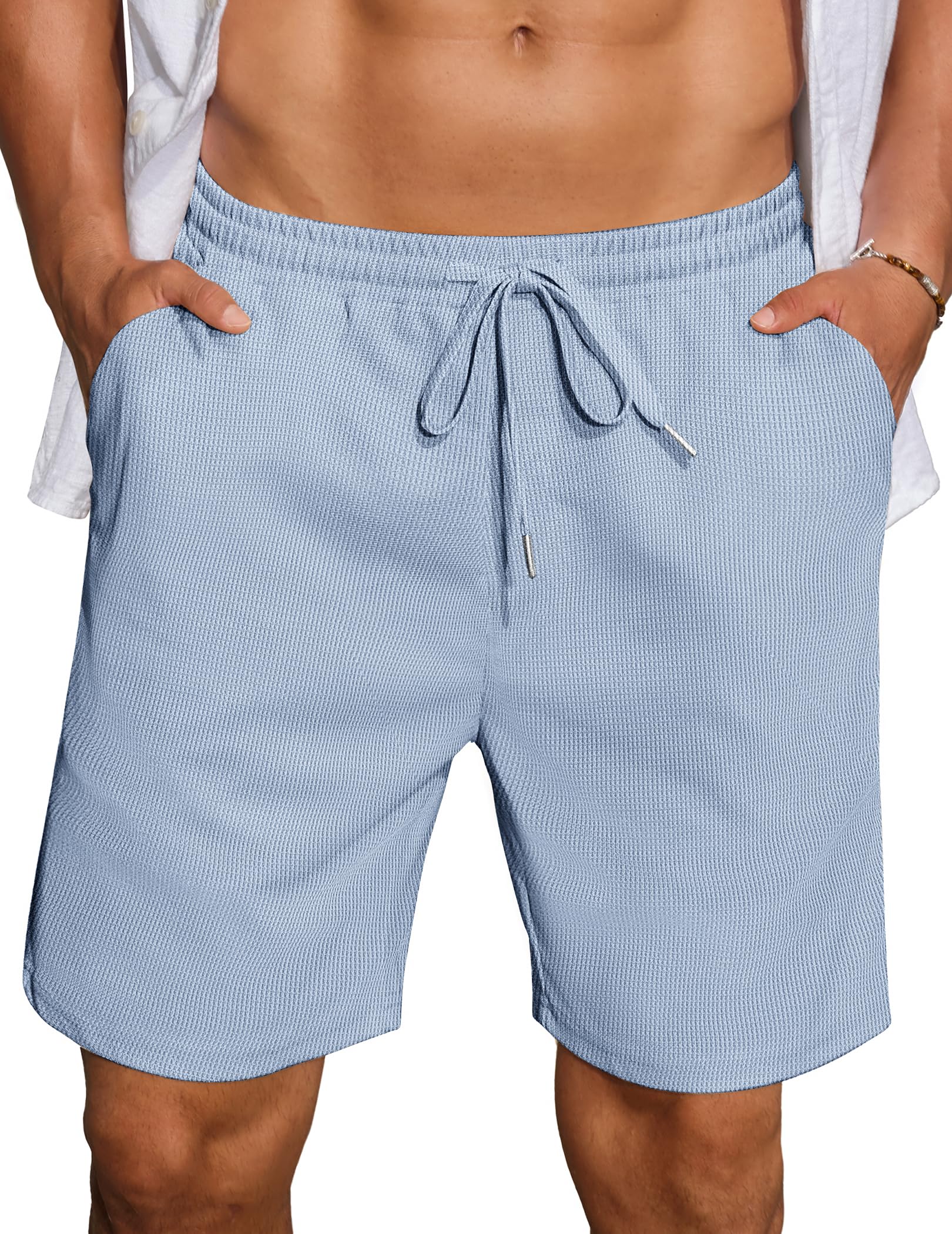 COOFANDY Mens Casual Waffle Shorts Elastic Waist Summer Beach Shorts 7" Workout Sweat Shorts