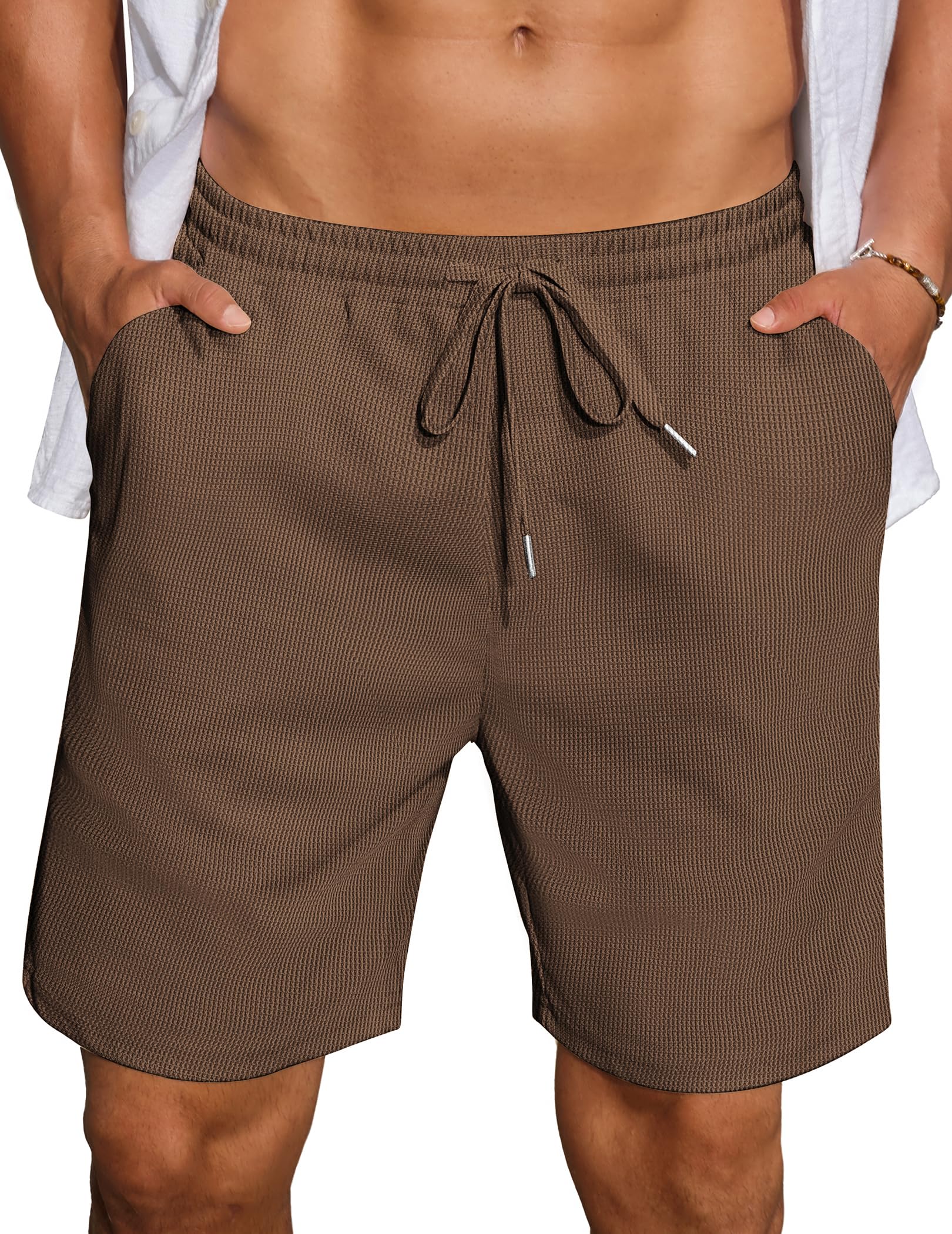 COOFANDY Mens Casual Waffle Shorts Elastic Waist Summer Beach Shorts 7" Workout Sweat Shorts