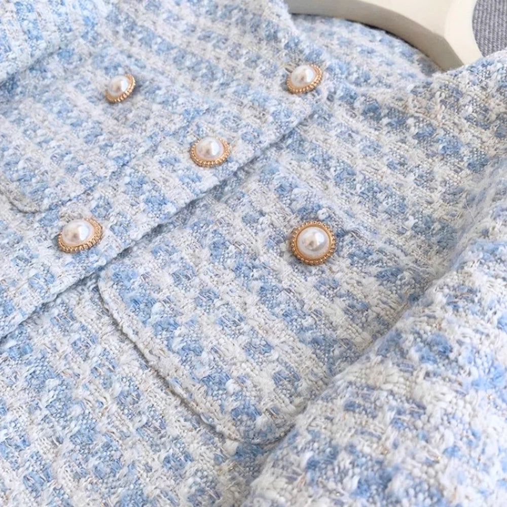 Women's Tweed Boucle Jacket Blazer Buttoned Up Smart Casual Light Blue Handmade