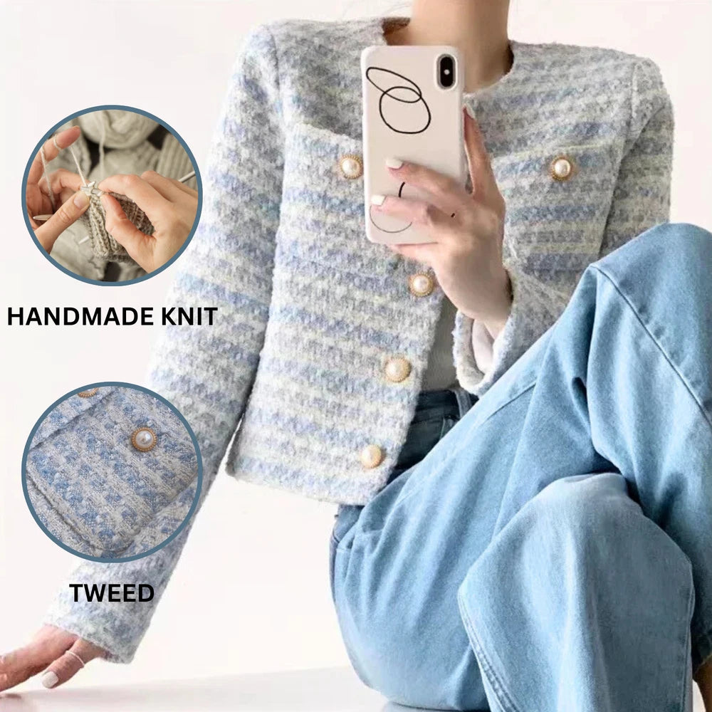 Women's Tweed Boucle Jacket Blazer Buttoned Up Smart Casual Light Blue Handmade
