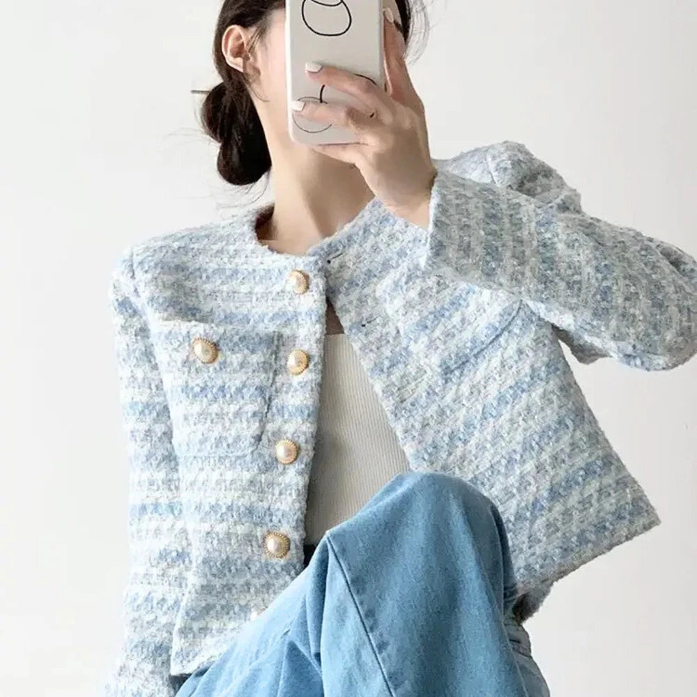 Women's Tweed Boucle Jacket Blazer Buttoned Up Smart Casual Light Blue Handmade