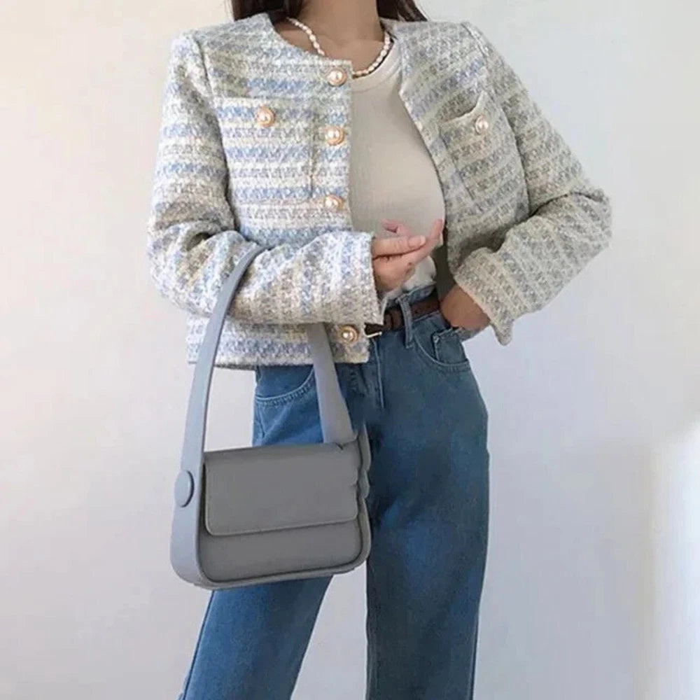 Women's Tweed Boucle Jacket Blazer Buttoned Up Smart Casual Light Blue Handmade