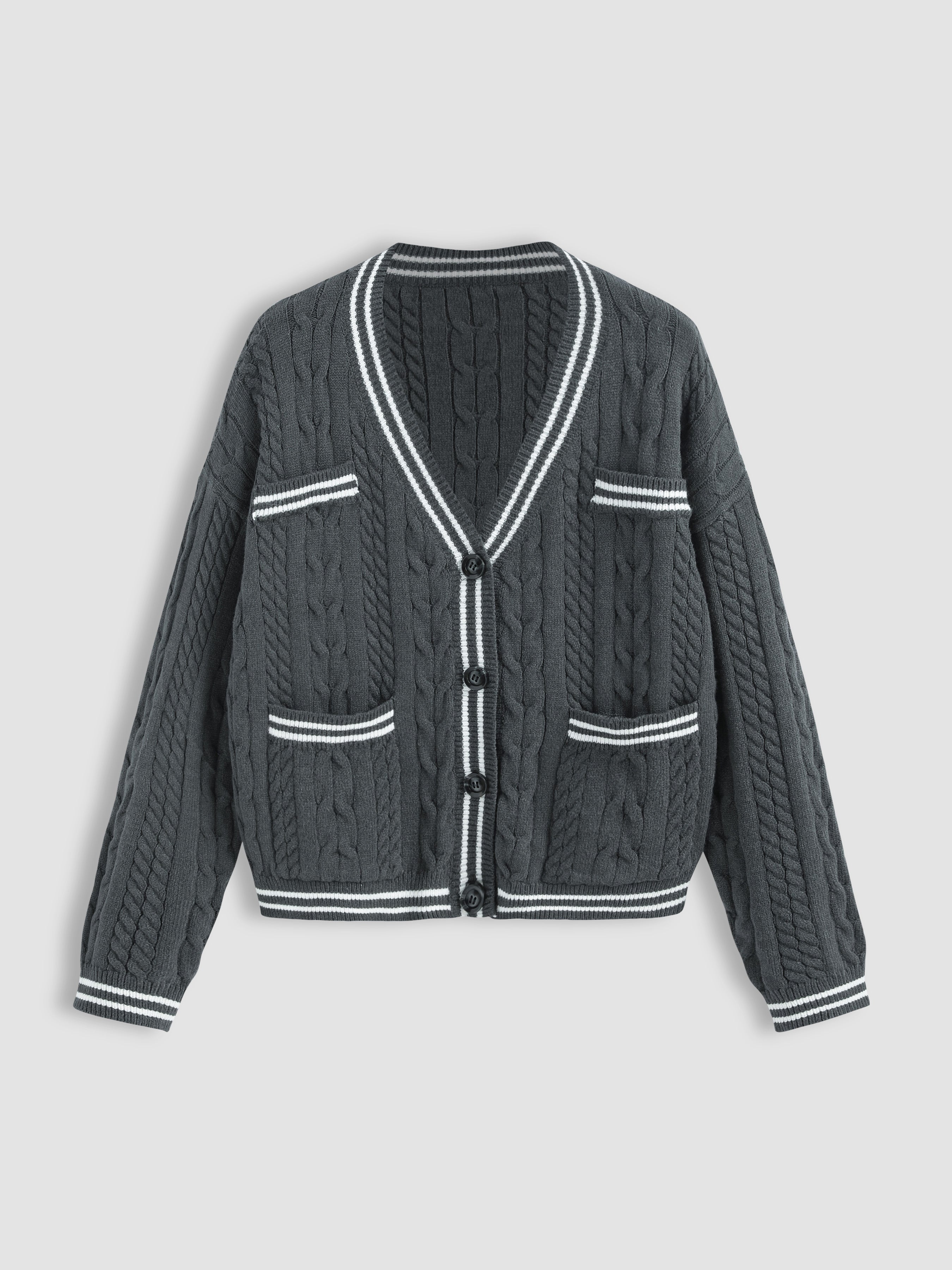 Cable Knit Contrast Trim Cardigan