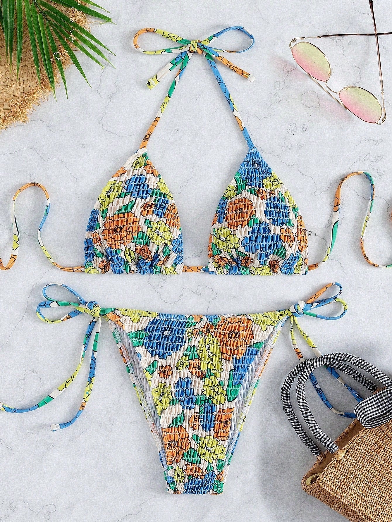 Bloemenprint Bikini Set Gesmokt Driehoek Beha & Zijbinding String Tweedelige badpak - Mode-Madness