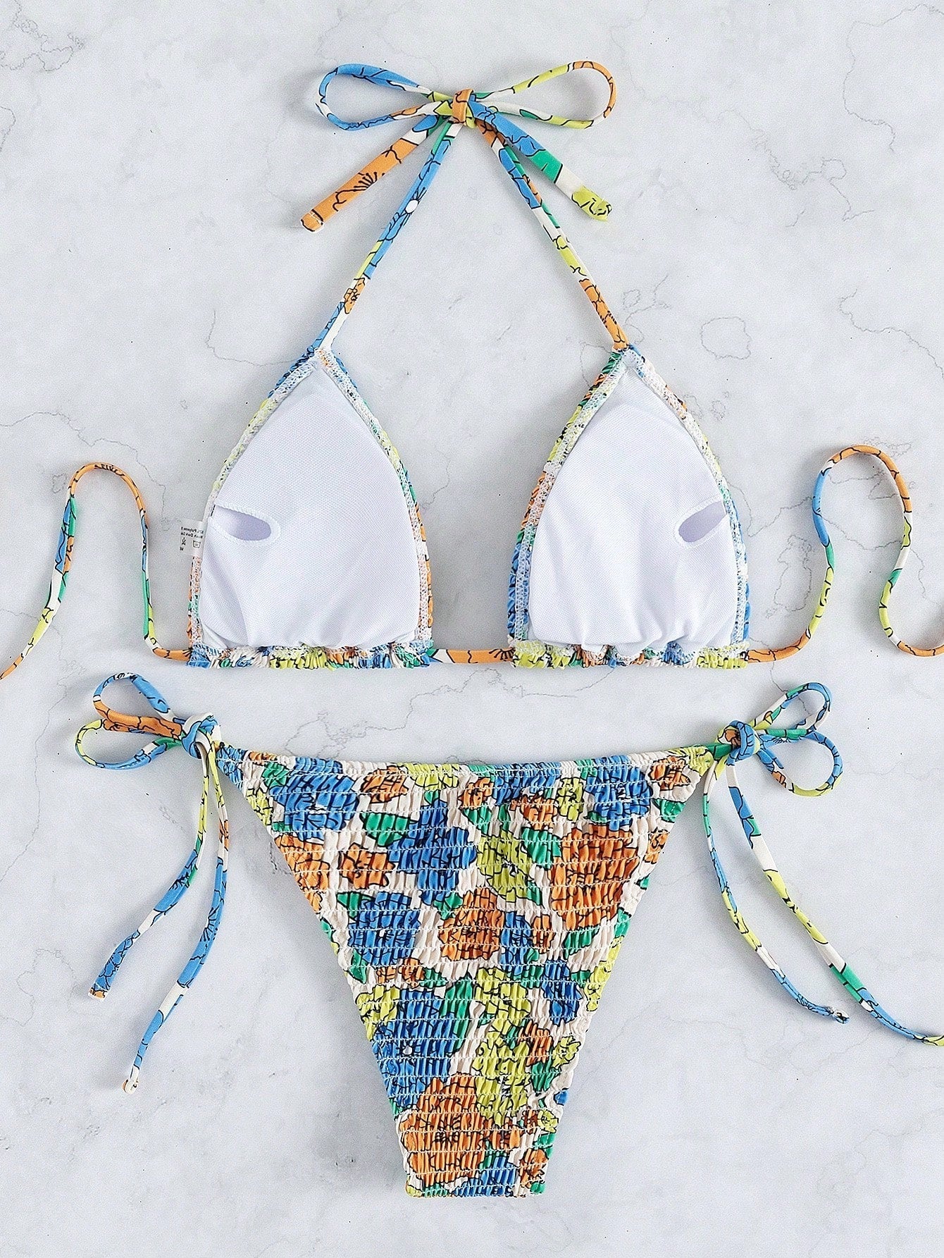 Bloemenprint Bikini Set Gesmokt Driehoek Beha & Zijbinding String Tweedelige badpak - Mode-Madness