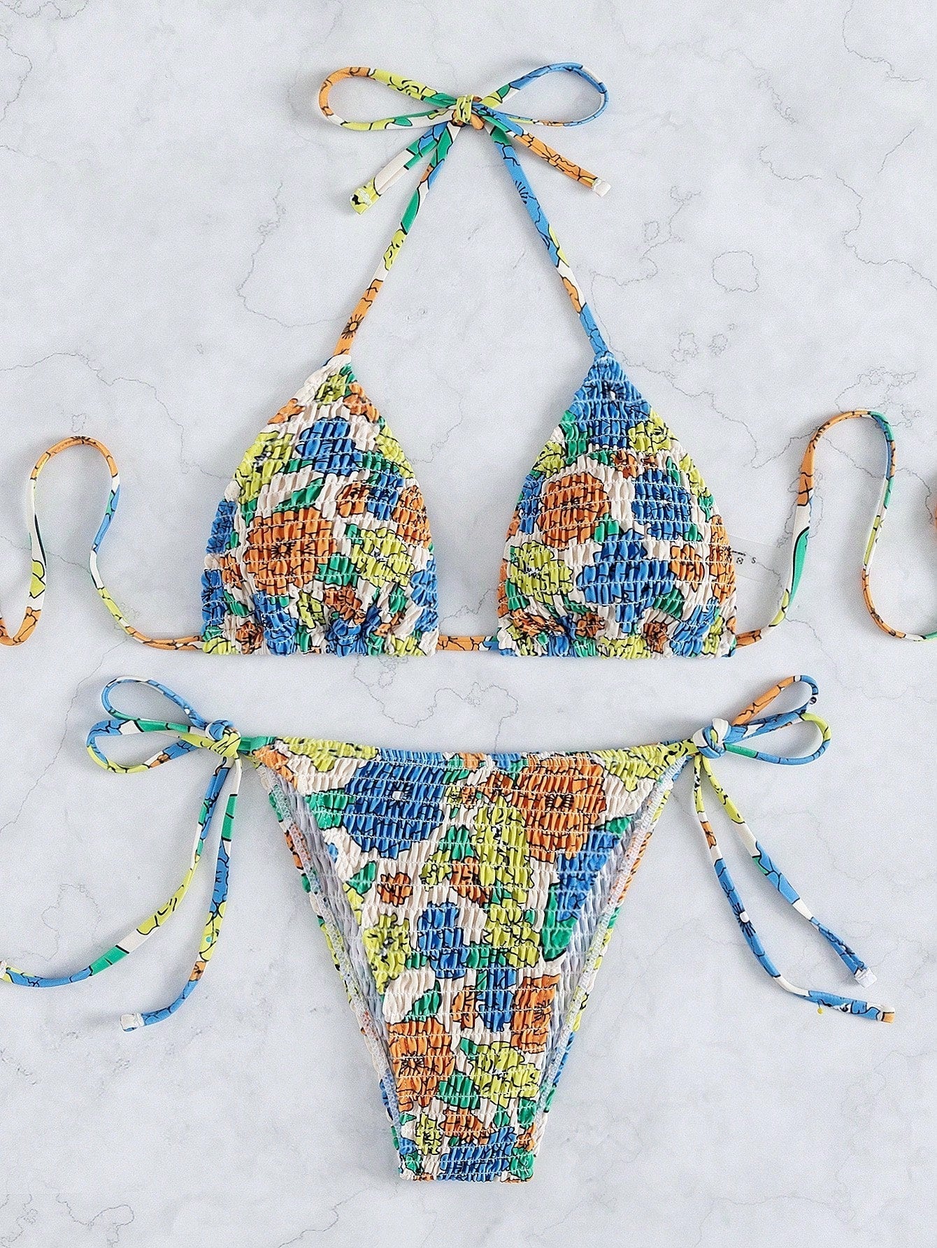 Bloemenprint Bikini Set Gesmokt Driehoek Beha & Zijbinding String Tweedelige badpak - Mode-Madness