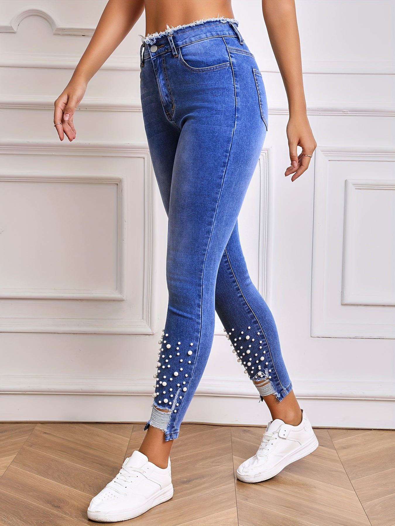 Lichtblauwe Skinny Jeans met Parelversiering - DriDa