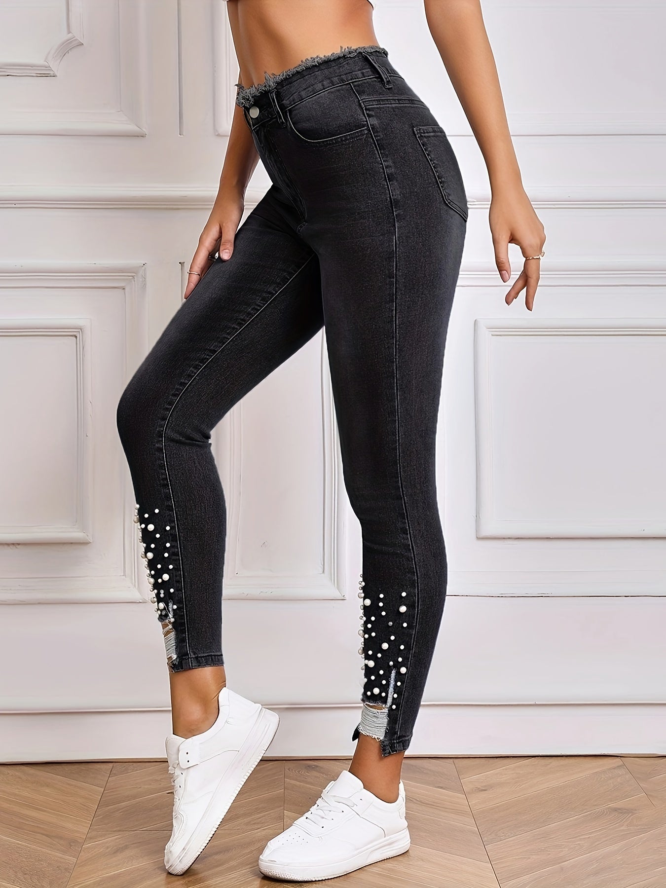 Lichtblauwe Skinny Jeans met Parelversiering - DriDa