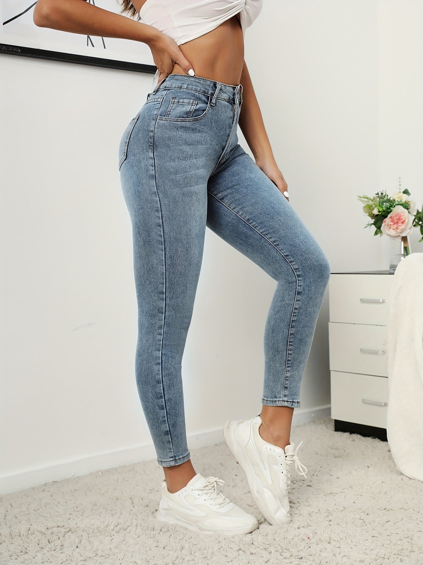 Donkerblauwe Skinny Jeans met Hoge Taille -