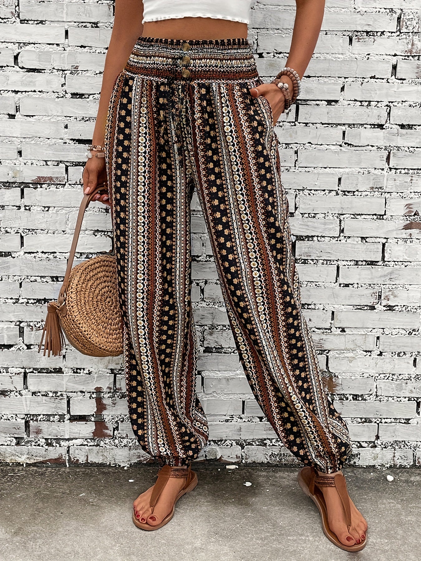 Bruine Boho Broek met Etnische Print - Sara