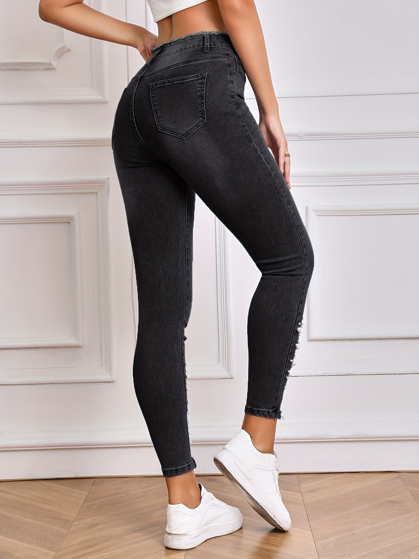 Lichtblauwe Skinny Jeans met Parelversiering - DriDa