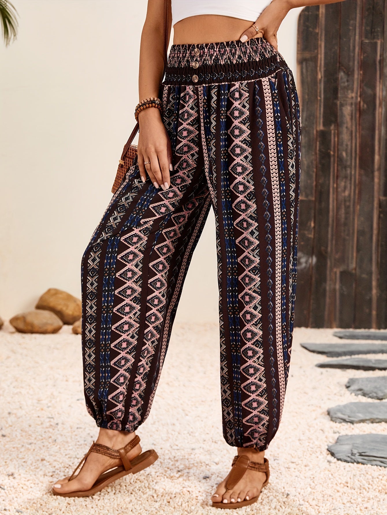 Bruine Boho Broek met Etnische Print - Sara