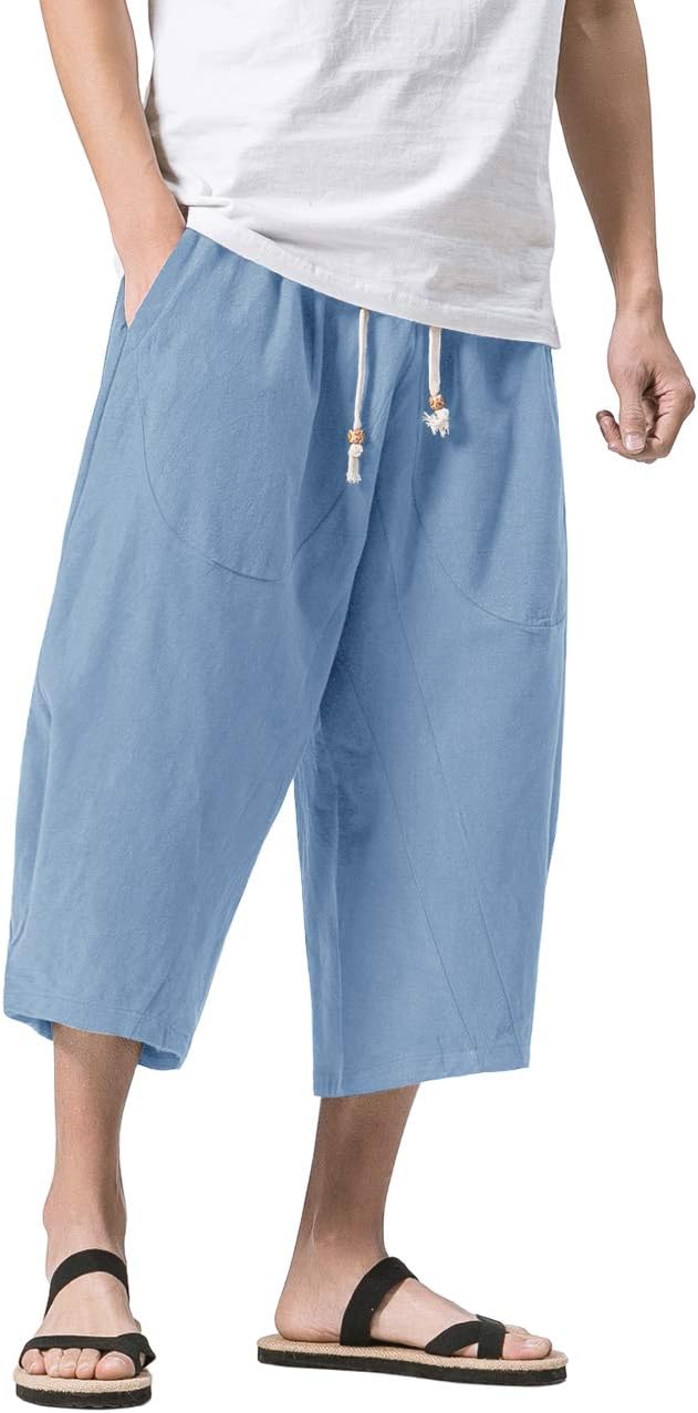 MAGNIVIT Men's Linen Cotton Capri Pants Loose Fit Elastic Waist Wide Leg Baggy Harem Pants