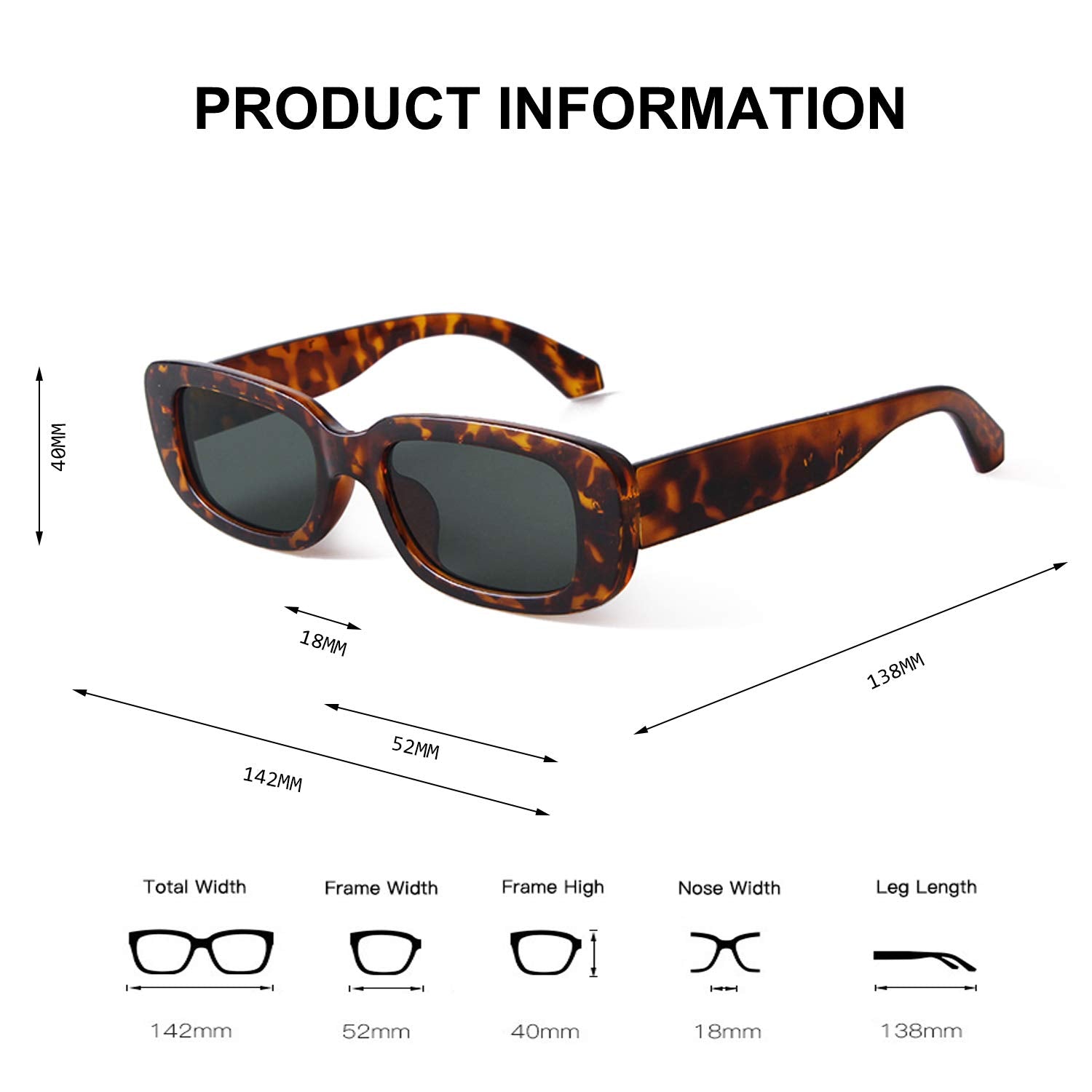 BUTABY Rectangle Sunglasses for Women Retro Driving Glasses 90’s Vintage Fashion Narrow Square Frame UV400 Protection Black & Leopard