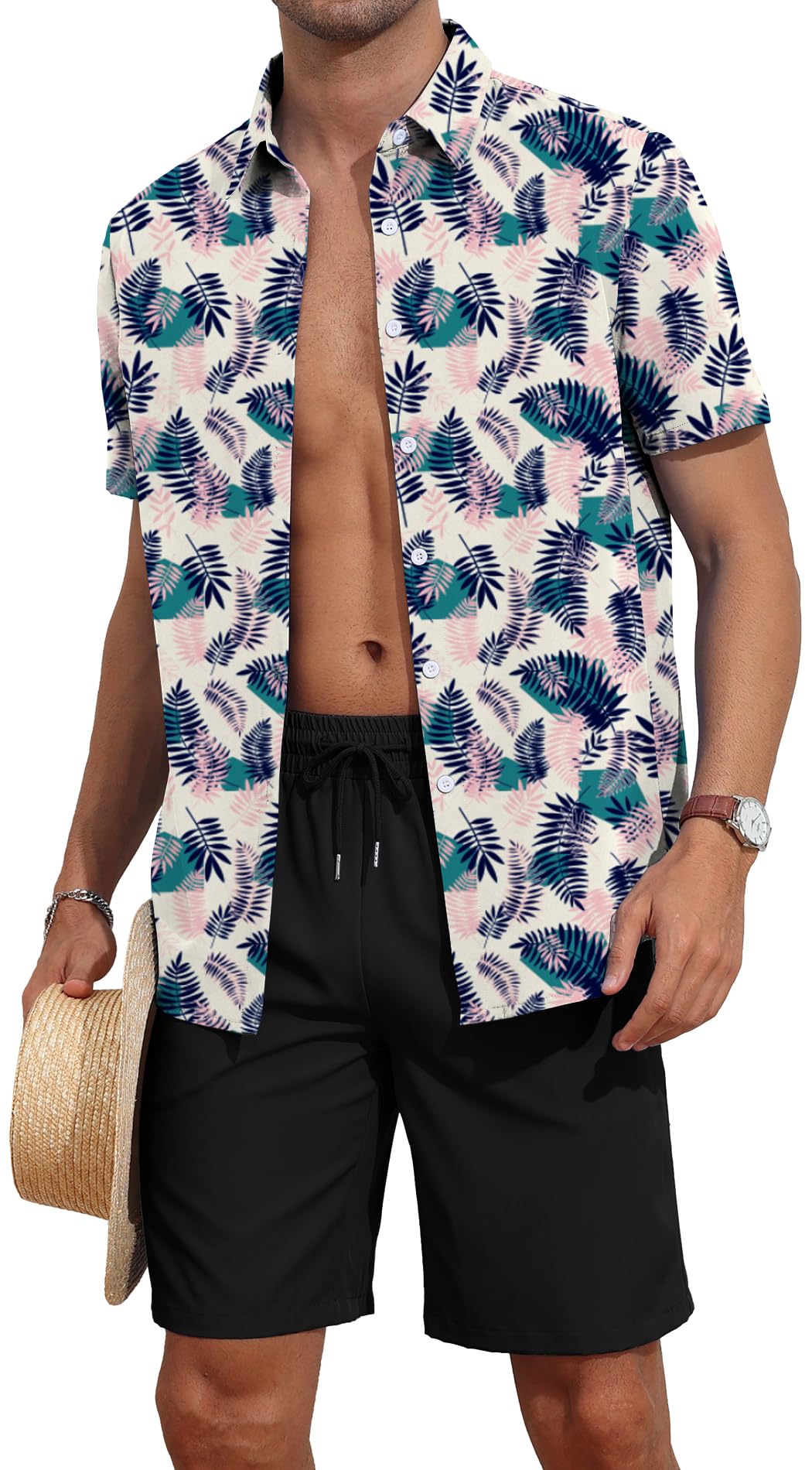 YTD Men's 2 Piece Outfits Tropical Print Short Sleeve Button Down Hawaiian Shirt and Beach Shorts Set