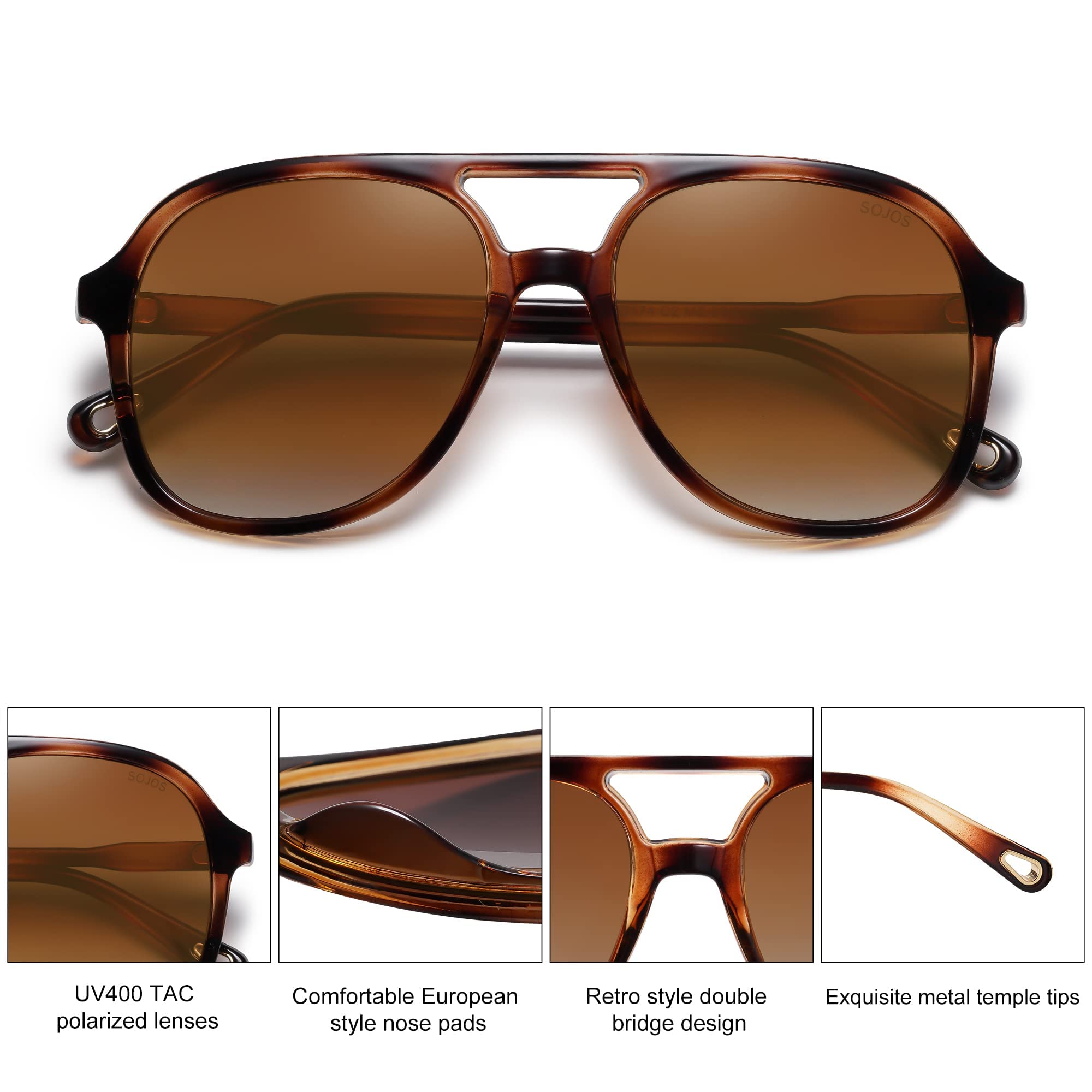 SOJOS Retro Polarized Aviator Sunglasses for Women Men Classic 70s Vintage Trendy Square Aviators SJ2174, Brown Tortoise/Brown