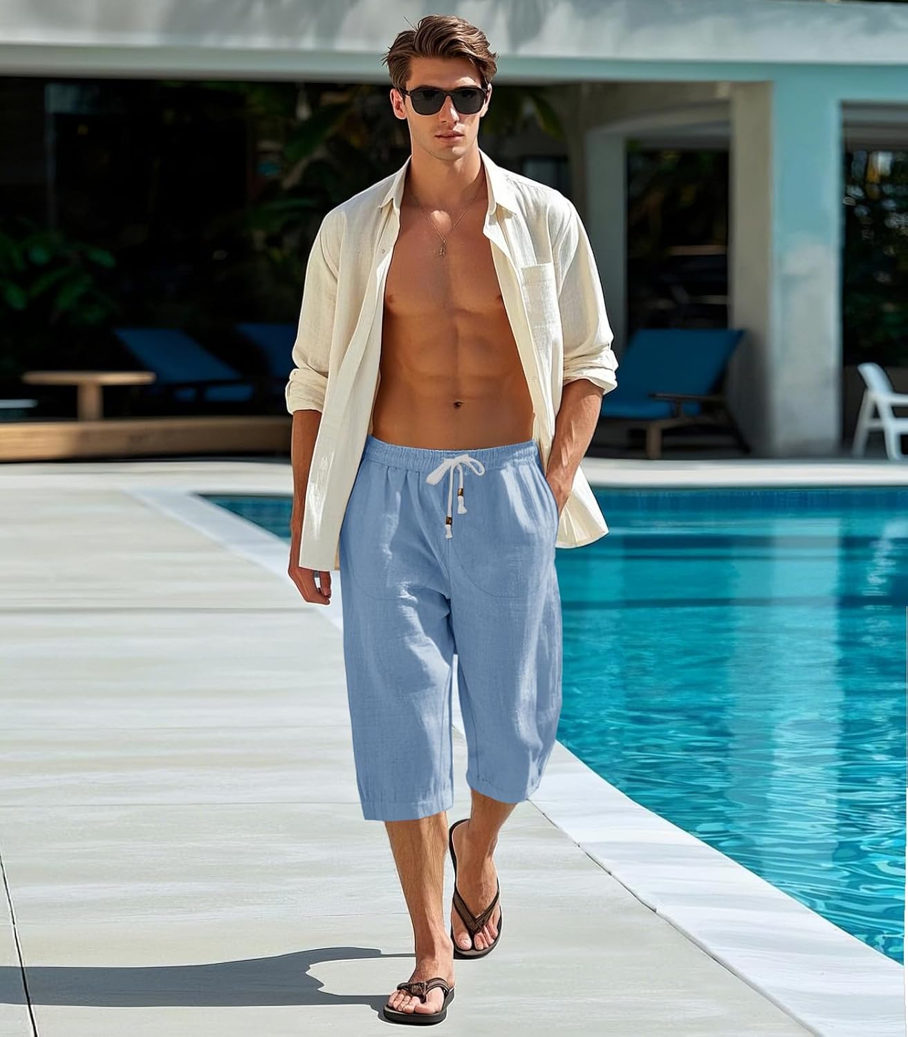 MAGNIVIT Men's Linen Cotton Capri Pants Loose Fit Elastic Waist Wide Leg Baggy Harem Pants