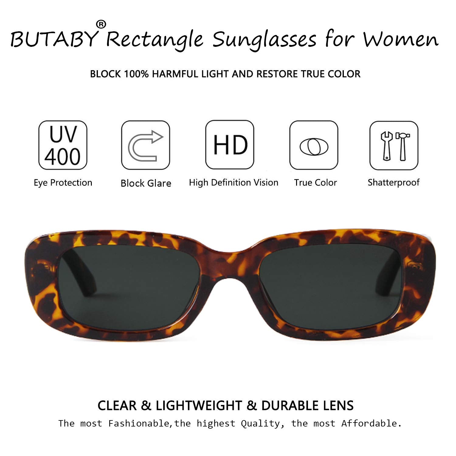 BUTABY Rectangle Sunglasses for Women Retro Driving Glasses 90’s Vintage Fashion Narrow Square Frame UV400 Protection Black & Leopard