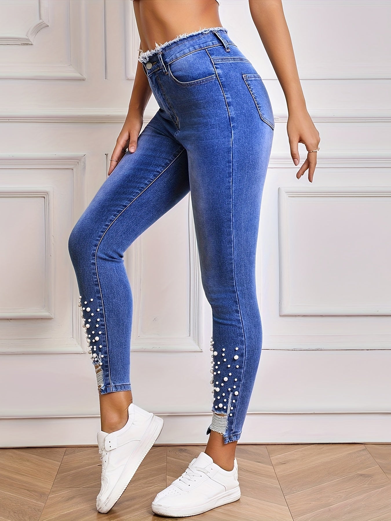 Lichtblauwe Skinny Jeans met Parelversiering - DriDa