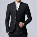 Enkele Breasted Stand Up Kraag Pak 3 Delige Set Mannen Wedding Party Jurk Past Plus Size Blazer Jas Broek vest Zwart Blauw Rood