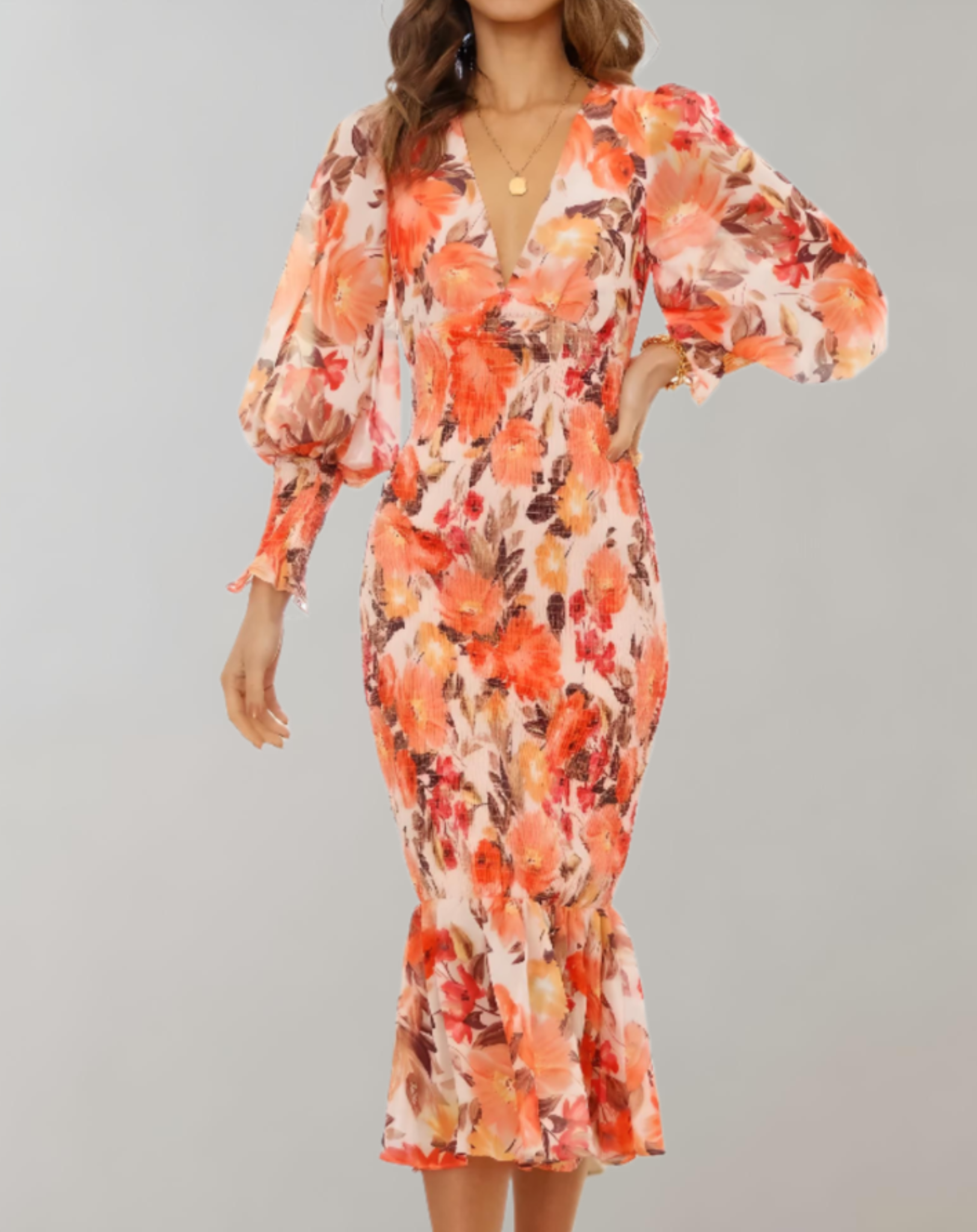 Rory | Oranje gebloemde bodycon midi-jurk met lantaarnmouw, V-hals en V-rugdetails