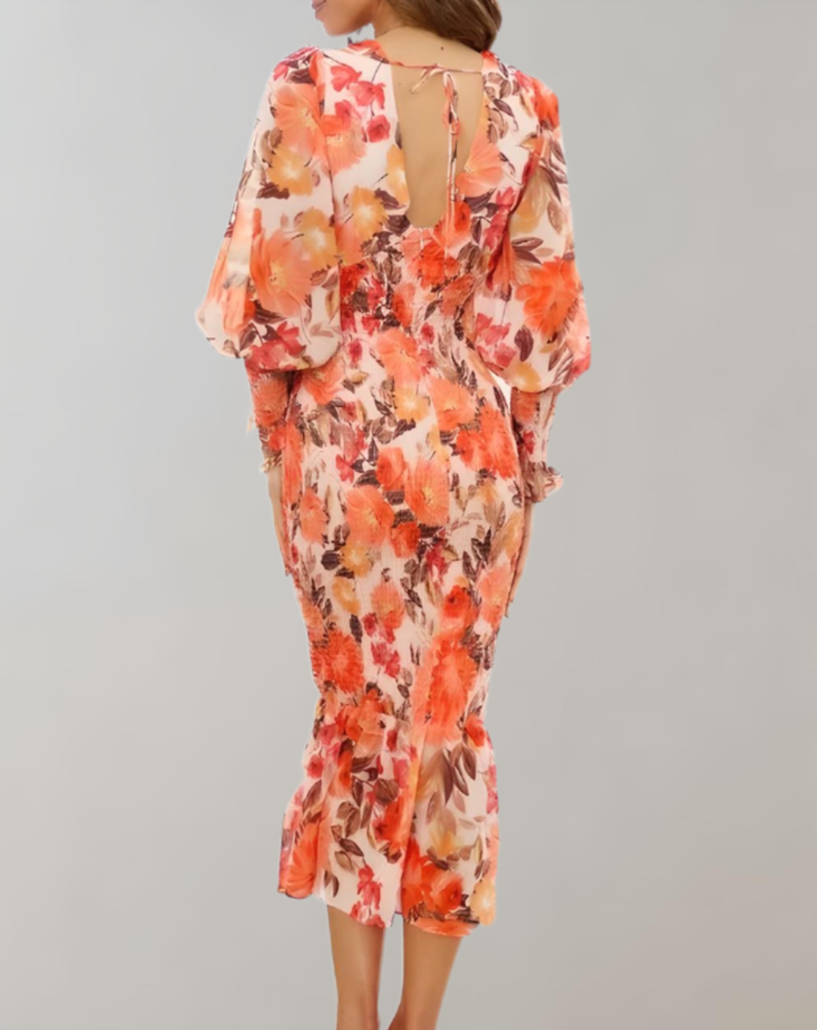 Rory | Oranje gebloemde bodycon midi-jurk met lantaarnmouw, V-hals en V-rugdetails