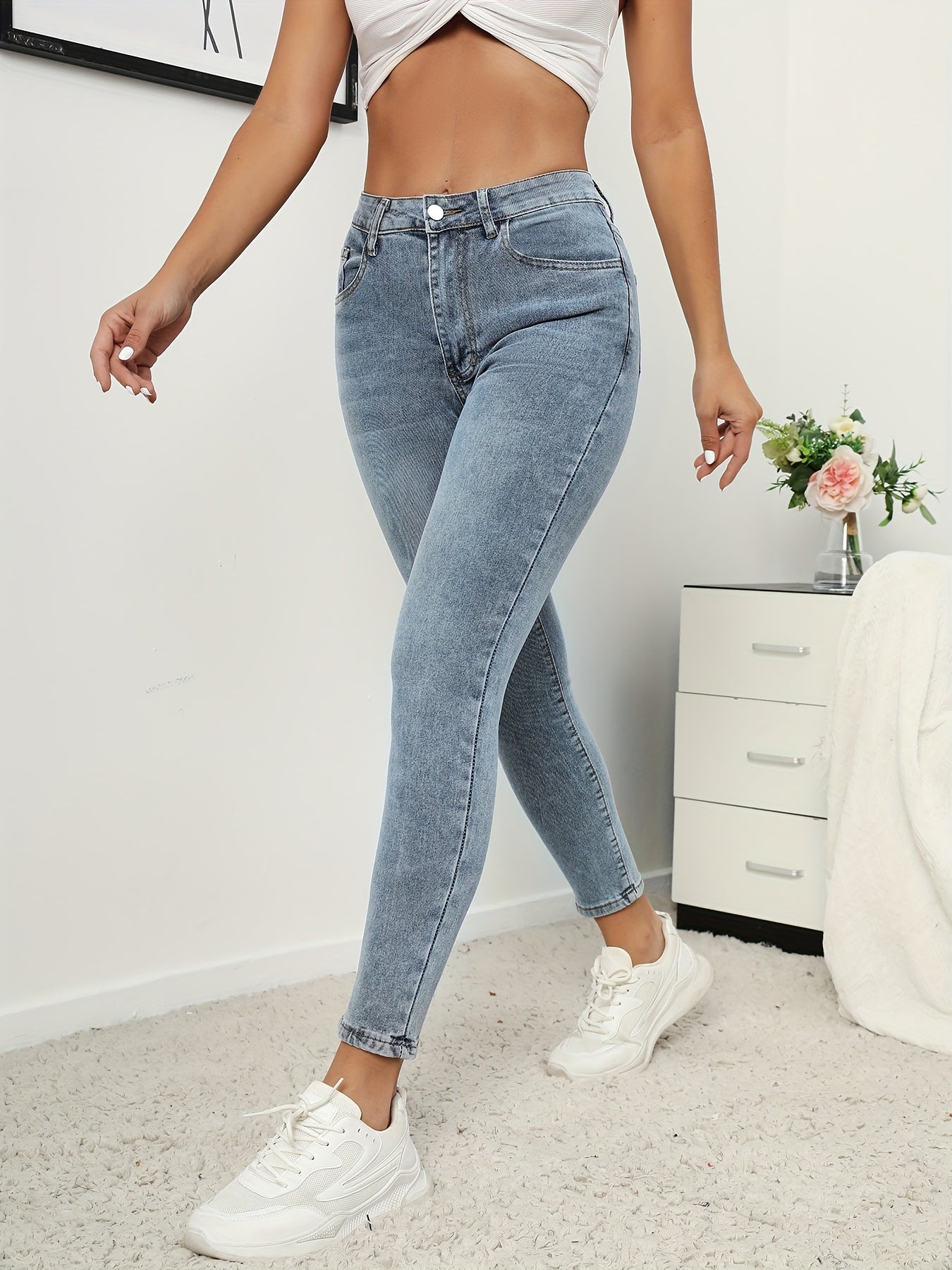 Donkerblauwe Skinny Jeans met Hoge Taille -