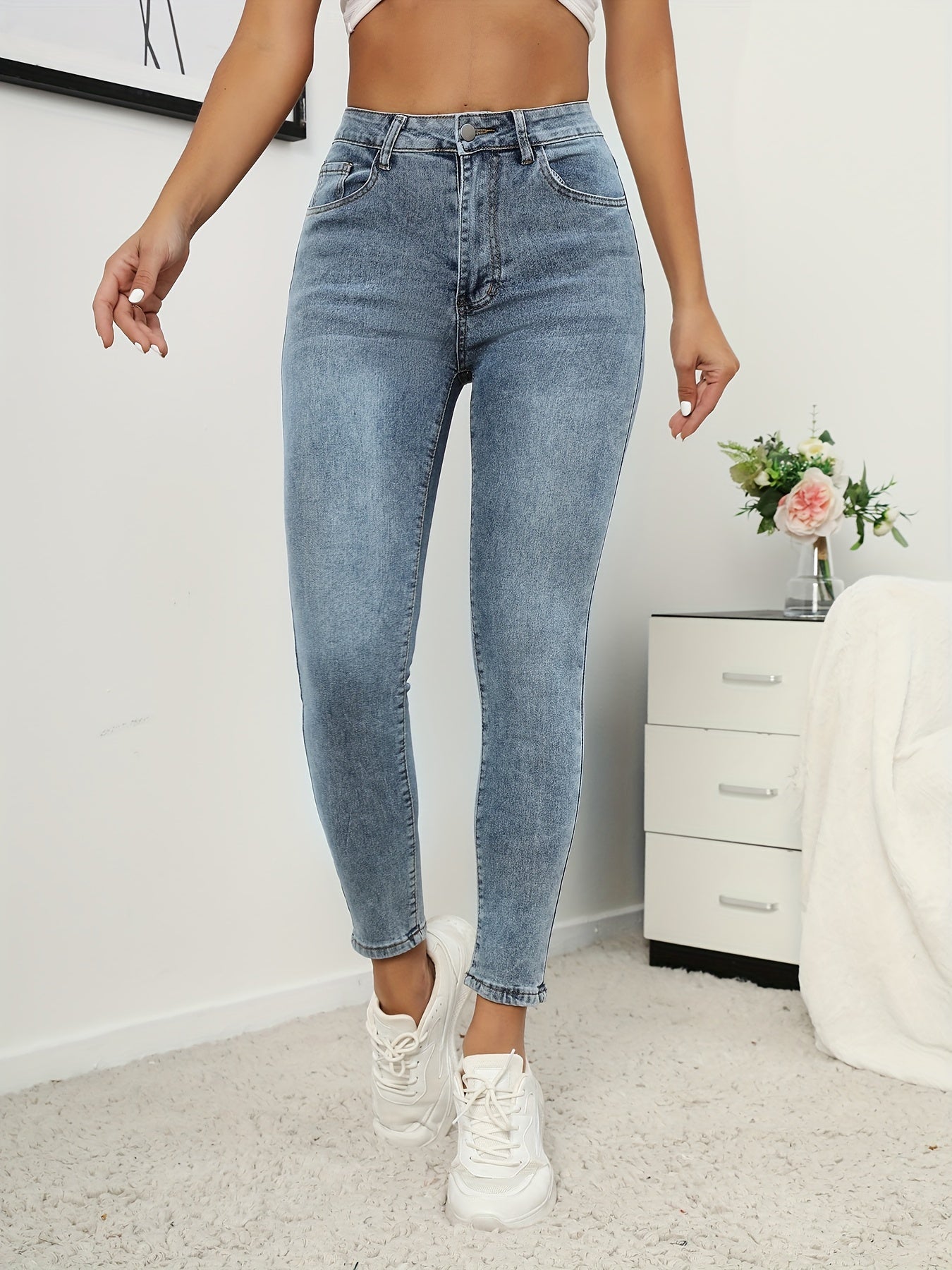 Donkerblauwe Skinny Jeans met Hoge Taille -