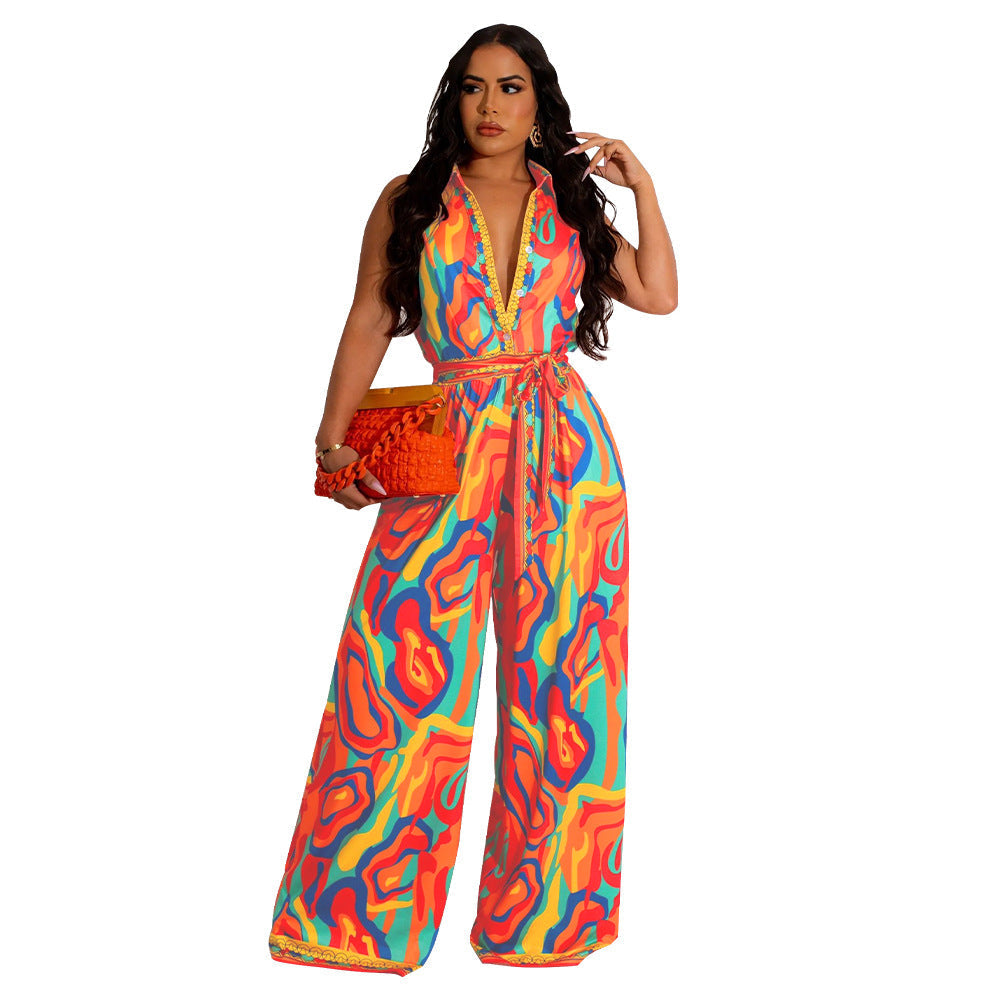 Quella | Vrouwen Wijd Been Abstracte Afdruk Jumpsuit met Strik Stropdas