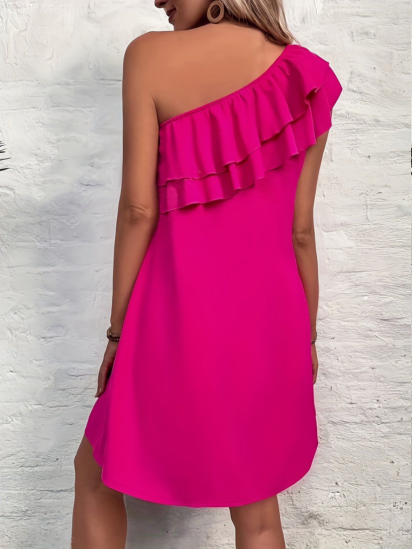 Donkerroze One-Shoulder Jurk