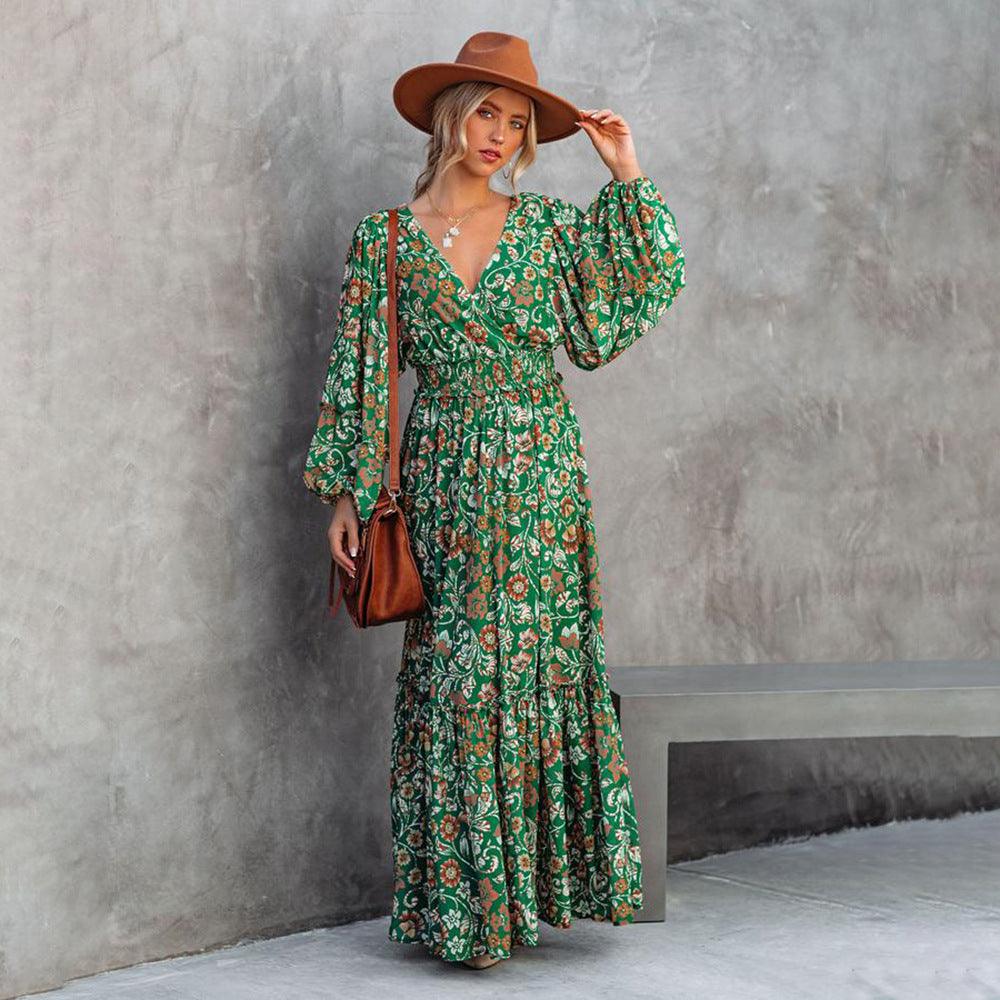 Groene Bloemen Maxi Boheemse Jurk