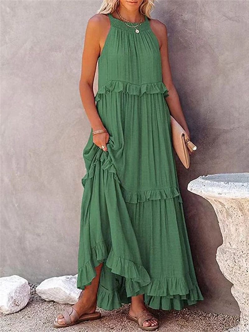 Groene Losse Zomerse Feestelijke Maxi Jurk