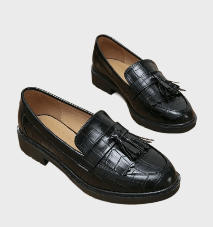 Jayda Zwarte loafers met kwastjes en patroonontwerp