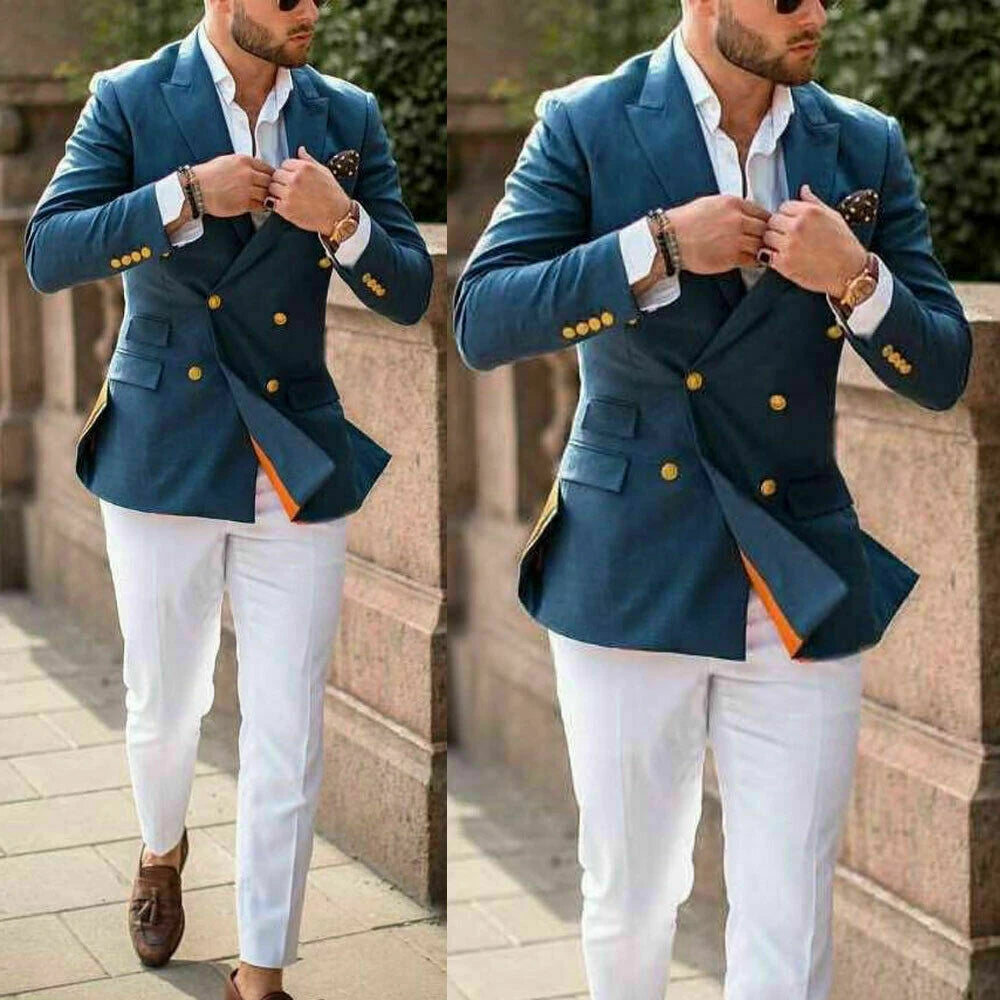 Blauw Double Breasted Blazer Met Witte Pantalon