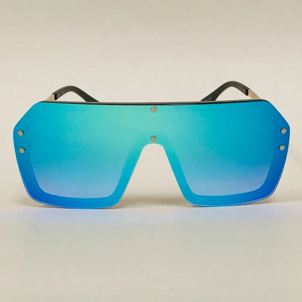 DriDa Heren Shield Zonnebril met Blauw Spiegelglas en Nieten