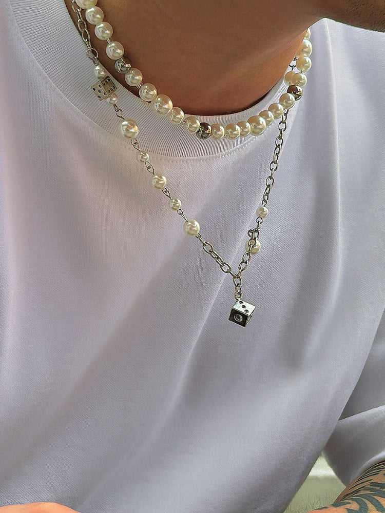 Double Silver & Pearl Dice Necklace